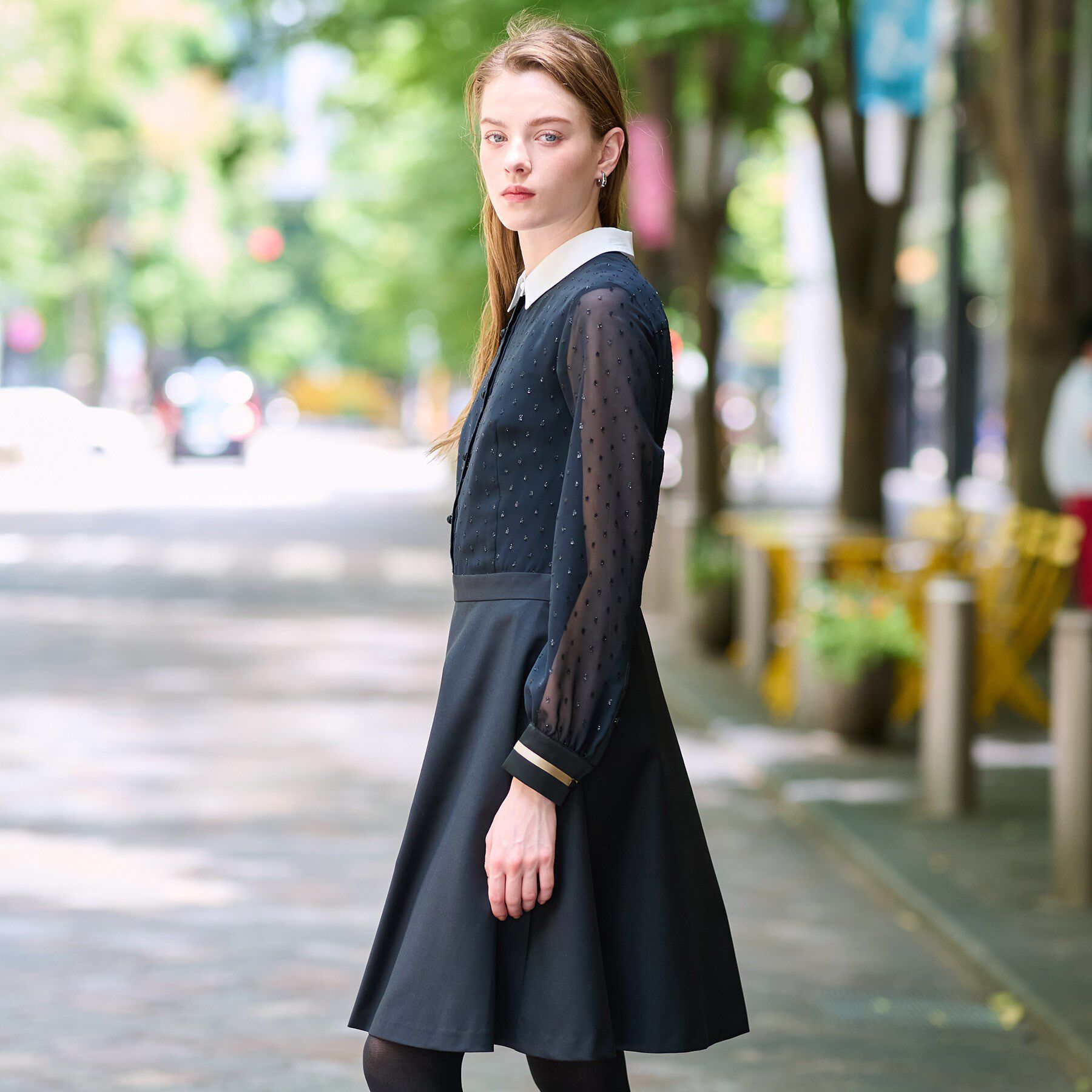 DRESSTERIOR「【ウォッシャブル/きれいめ】フィルムドットクレリックワンピース」|ワンピース|