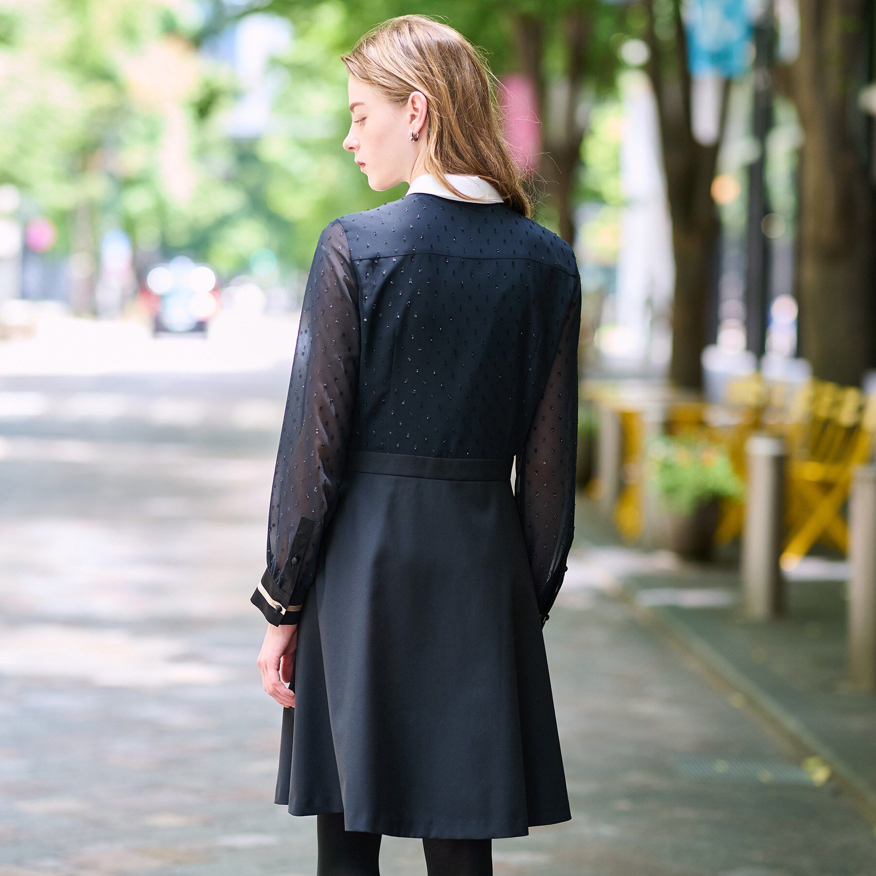 DRESSTERIOR「【ウォッシャブル/きれいめ】フィルムドットクレリックワンピース」|ワンピース|