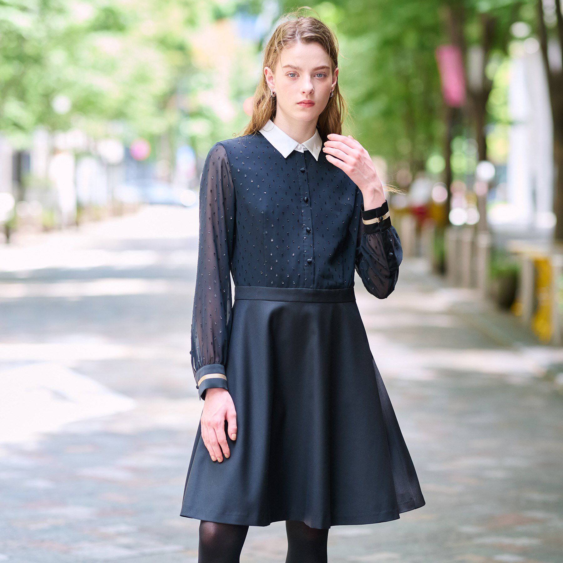 DRESSTERIOR「【ウォッシャブル/きれいめ】フィルムドットクレリックワンピース」|ワンピース|