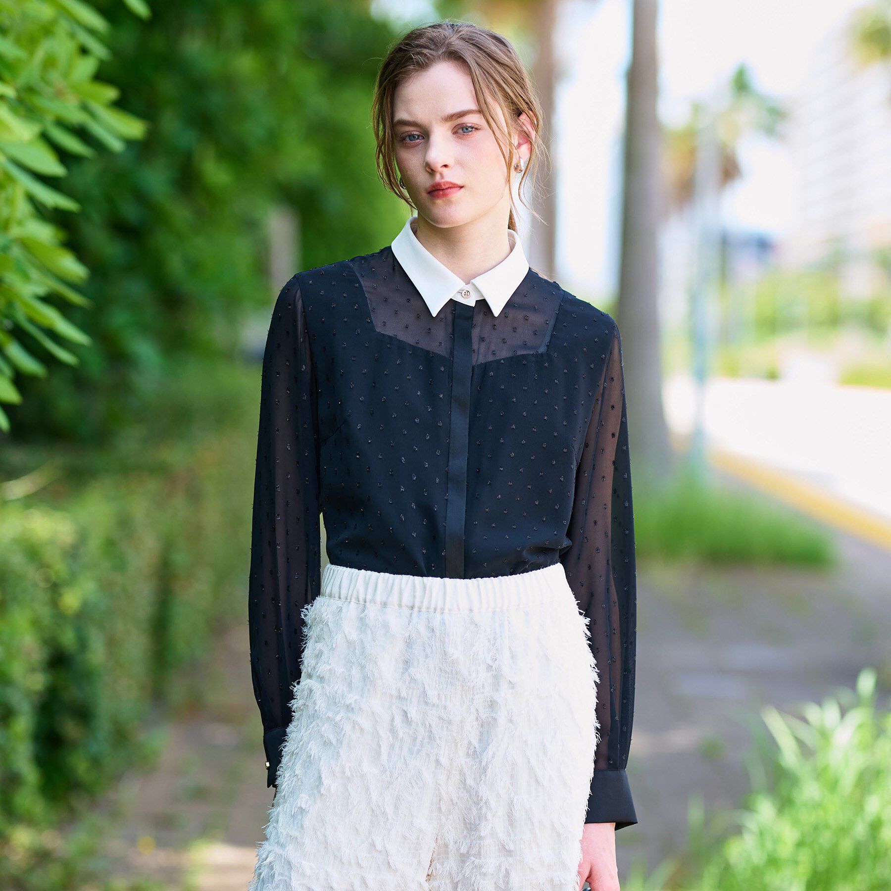 DRESSTERIOR「【洗える/シアー素材】フィルムドットクレリックブラウス」|シャツ・ブラウス|