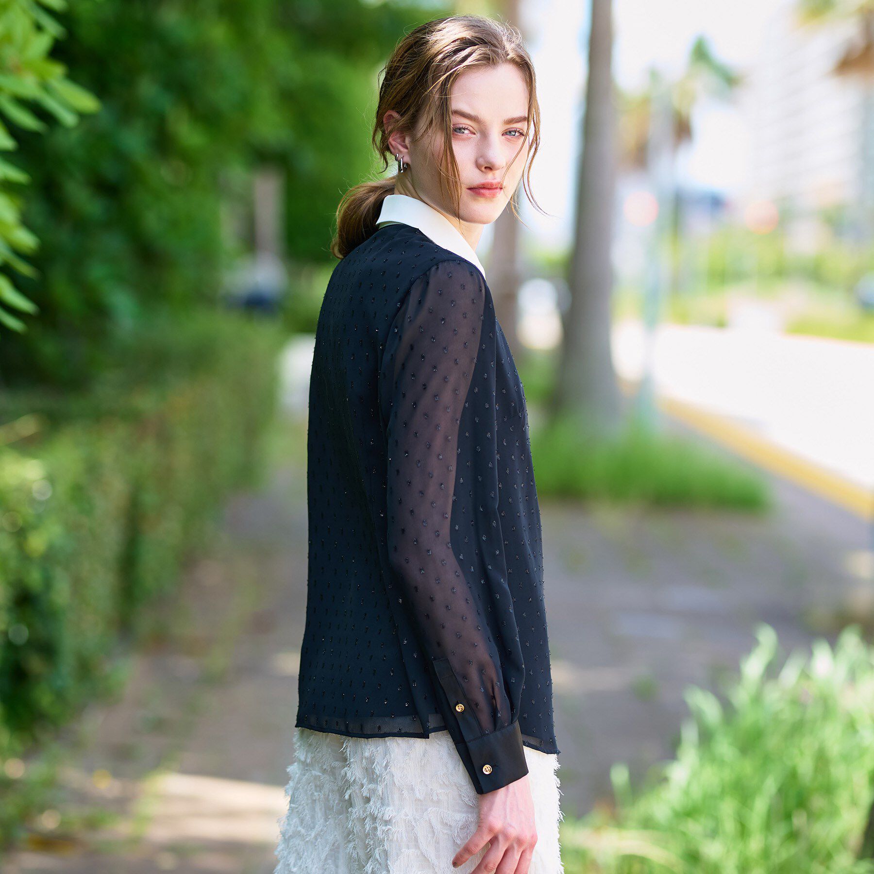 DRESSTERIOR「【洗える/シアー素材】フィルムドットクレリックブラウス」|シャツ・ブラウス|