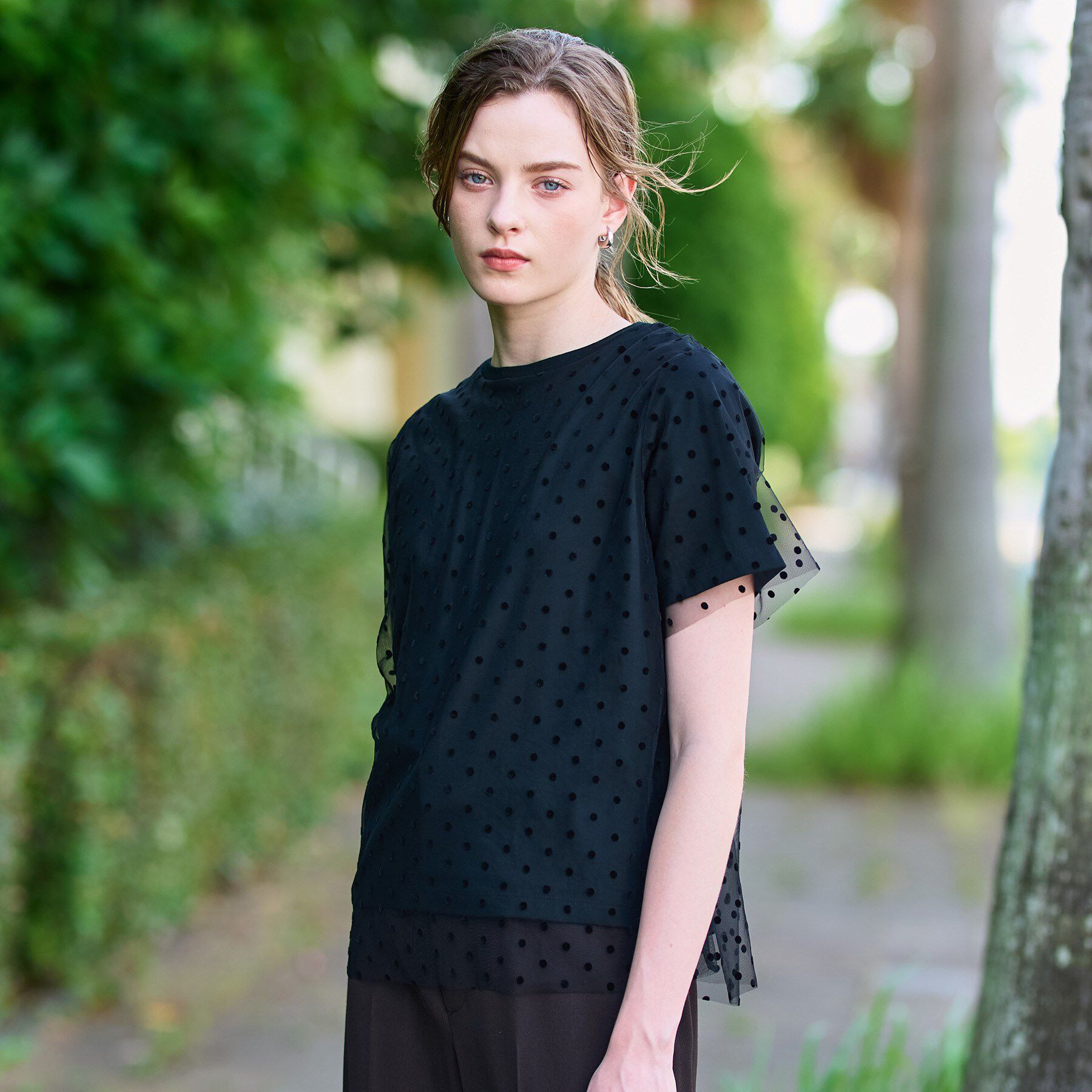 DRESSTERIOR「【洗える／シアー素材】ドットチュールレイヤードTシャツ」|Tシャツ・カットソー|