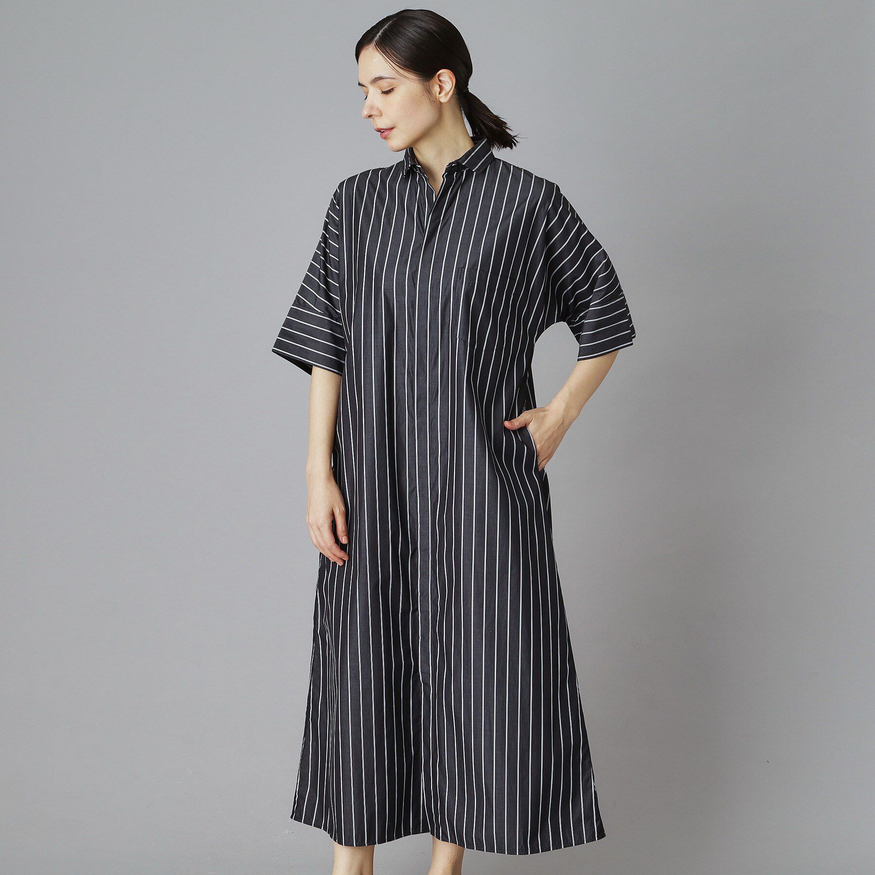 DRESSTERIOR「TICCA（ティッカ）テント半袖ストライプシャツワンピース」|ワンピース|