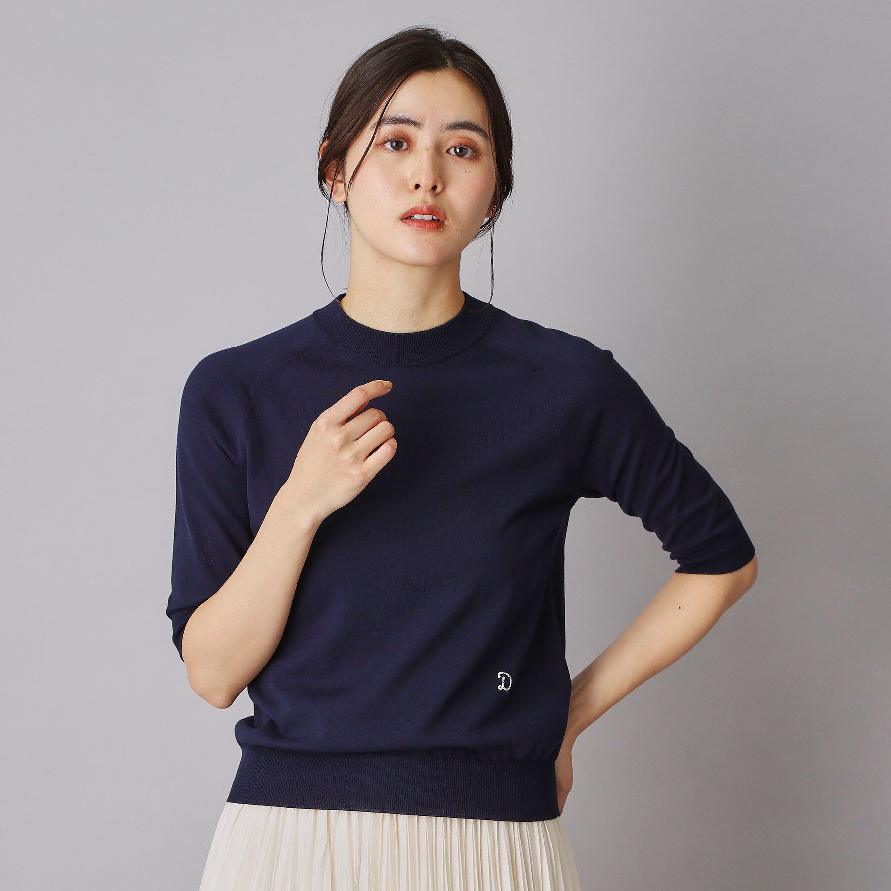 DRESSTERIOR「【ウォッシャブル】コットンシルクハーフスリーブニット」|ニット・セーター|ネイビー(094)