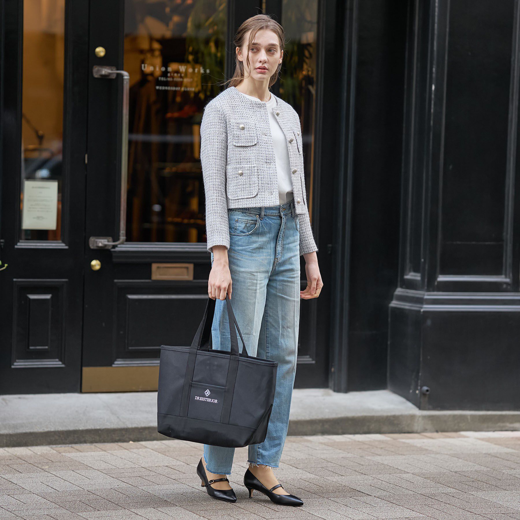 DRESSTERIOR「ラメミックスツイードジャケット」|ノーカラージャケット|