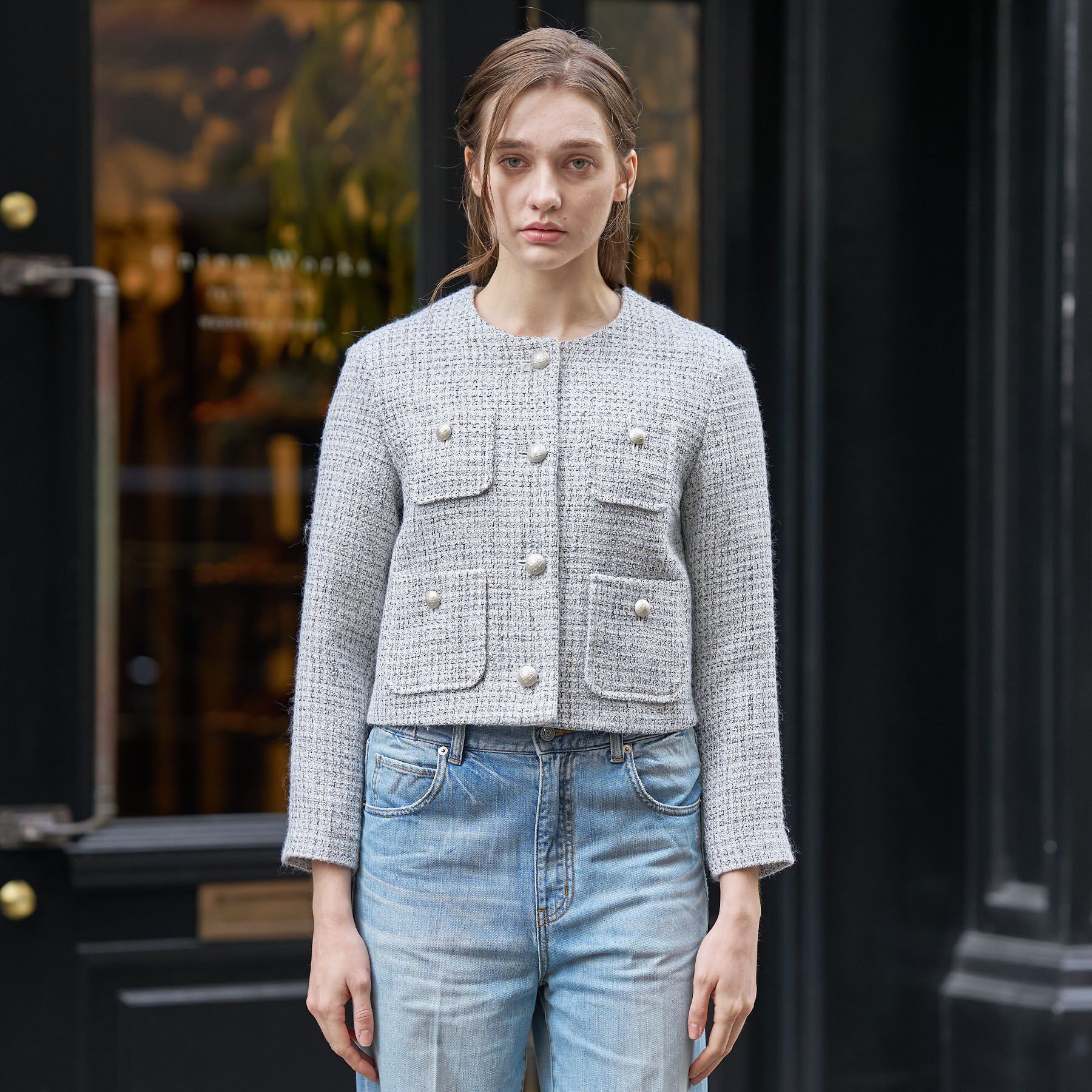 DRESSTERIOR「ラメミックスツイードジャケット」|ノーカラージャケット|