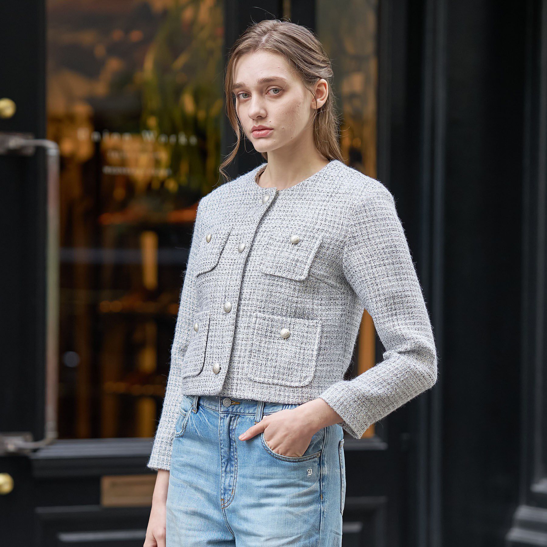 DRESSTERIOR「ラメミックスツイードジャケット」|ノーカラージャケット|