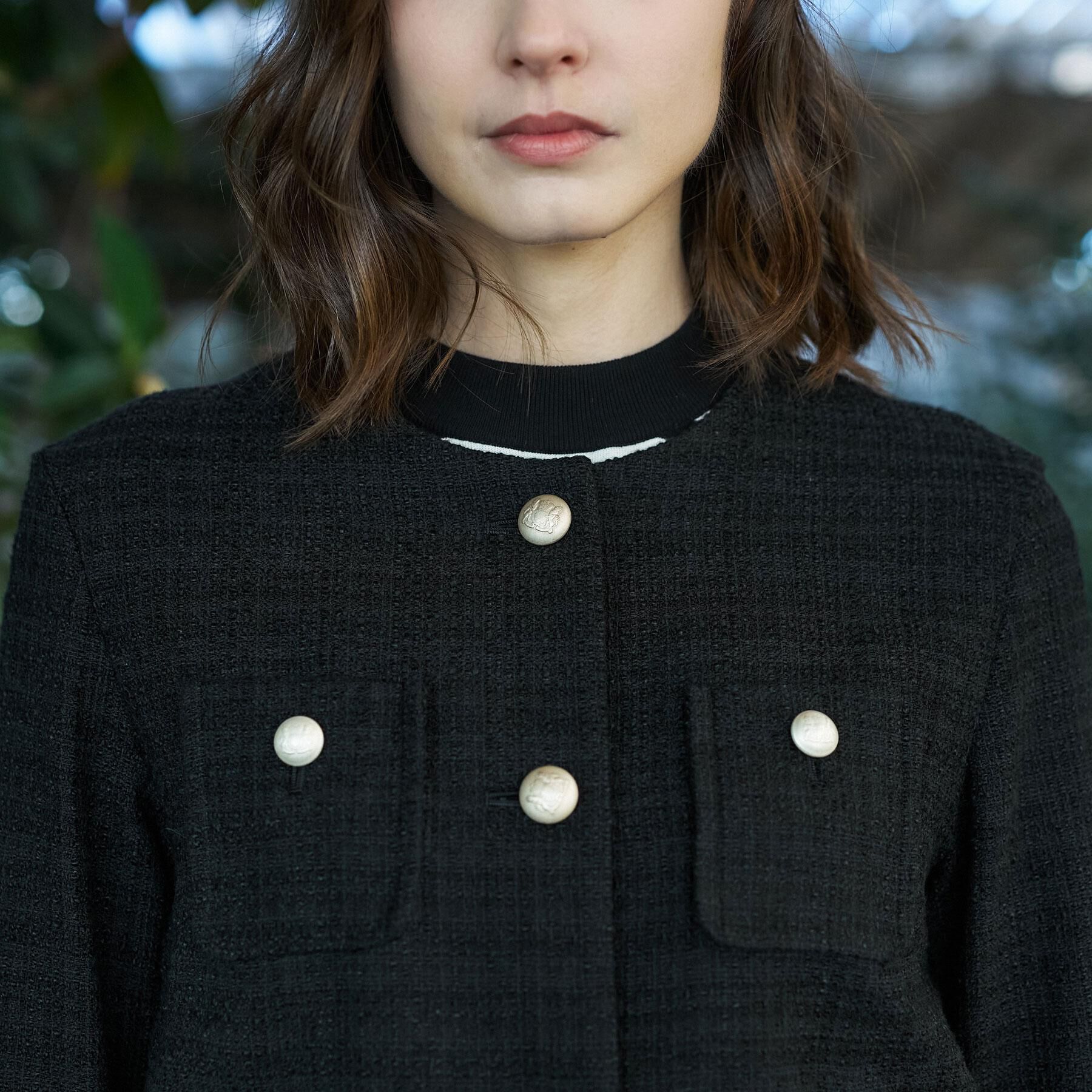 DRESSTERIOR「ブラックファンシーツイードジャケット」|ノーカラージャケット|