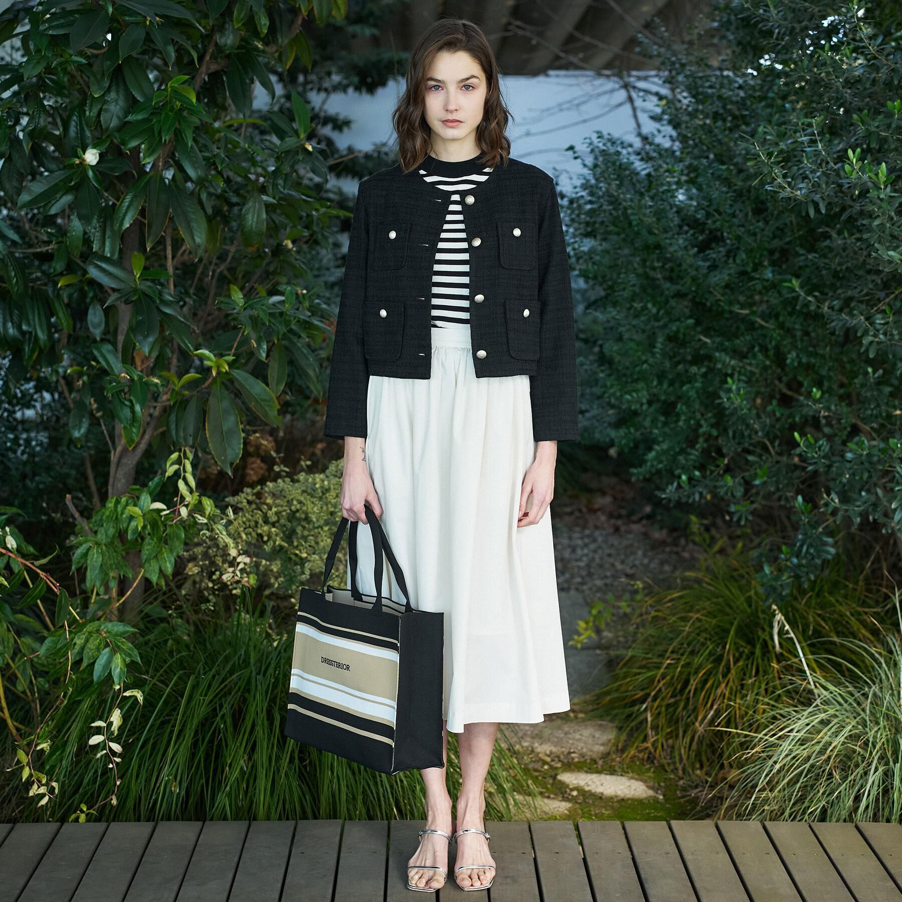 DRESSTERIOR「ブラックファンシーツイードジャケット」|ノーカラージャケット|