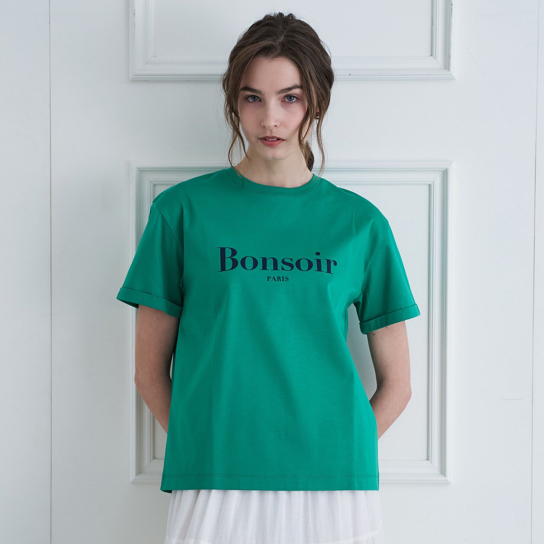 DRESSTERIOR「【接触冷感／抗菌防臭／消臭】アイスクリアコットン Bonsoir ロゴTシャツ」|Tシャツ・カットソー|グリーン(022)