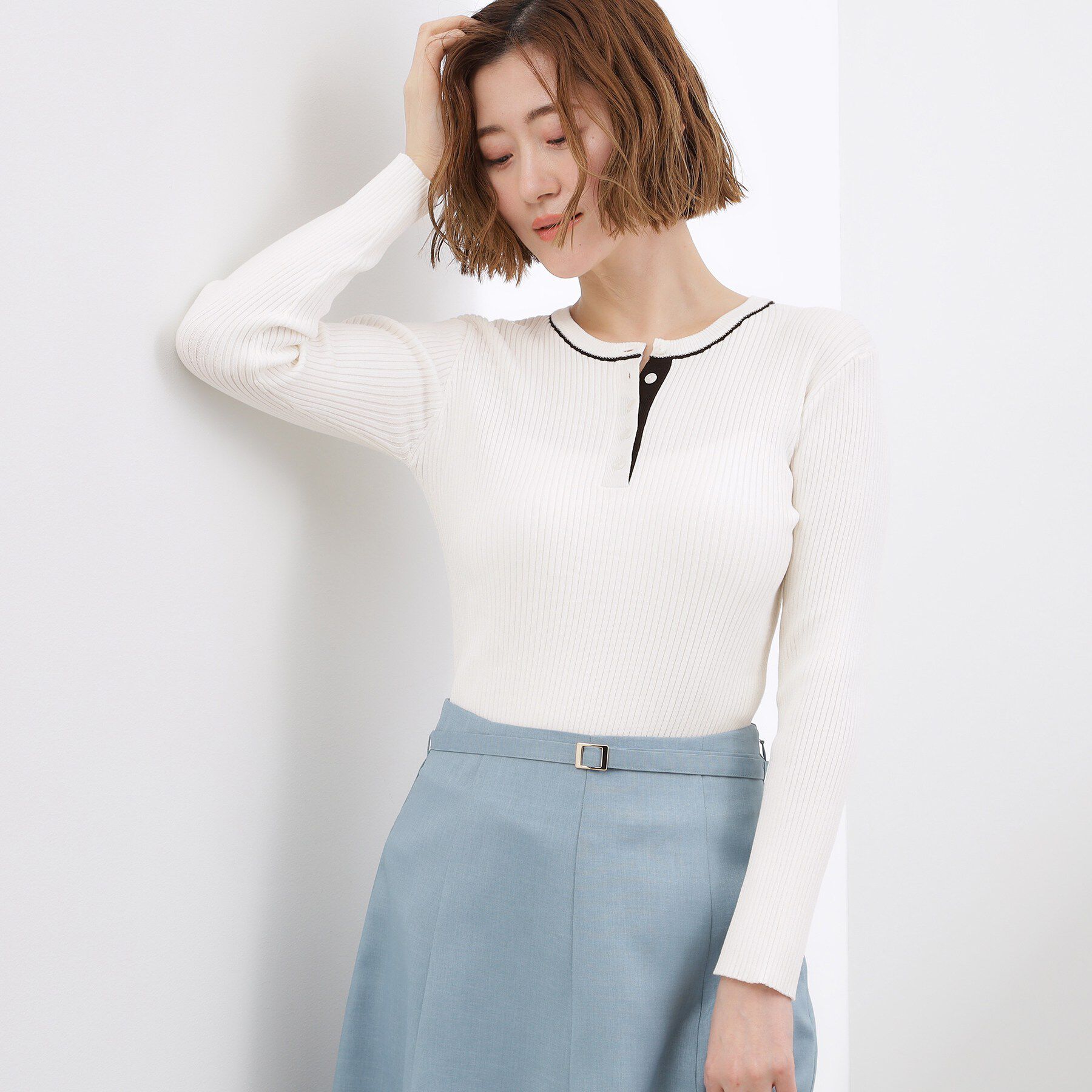 grove「バイカラー ヘンリーネックリブニット」|ニット・セーター|