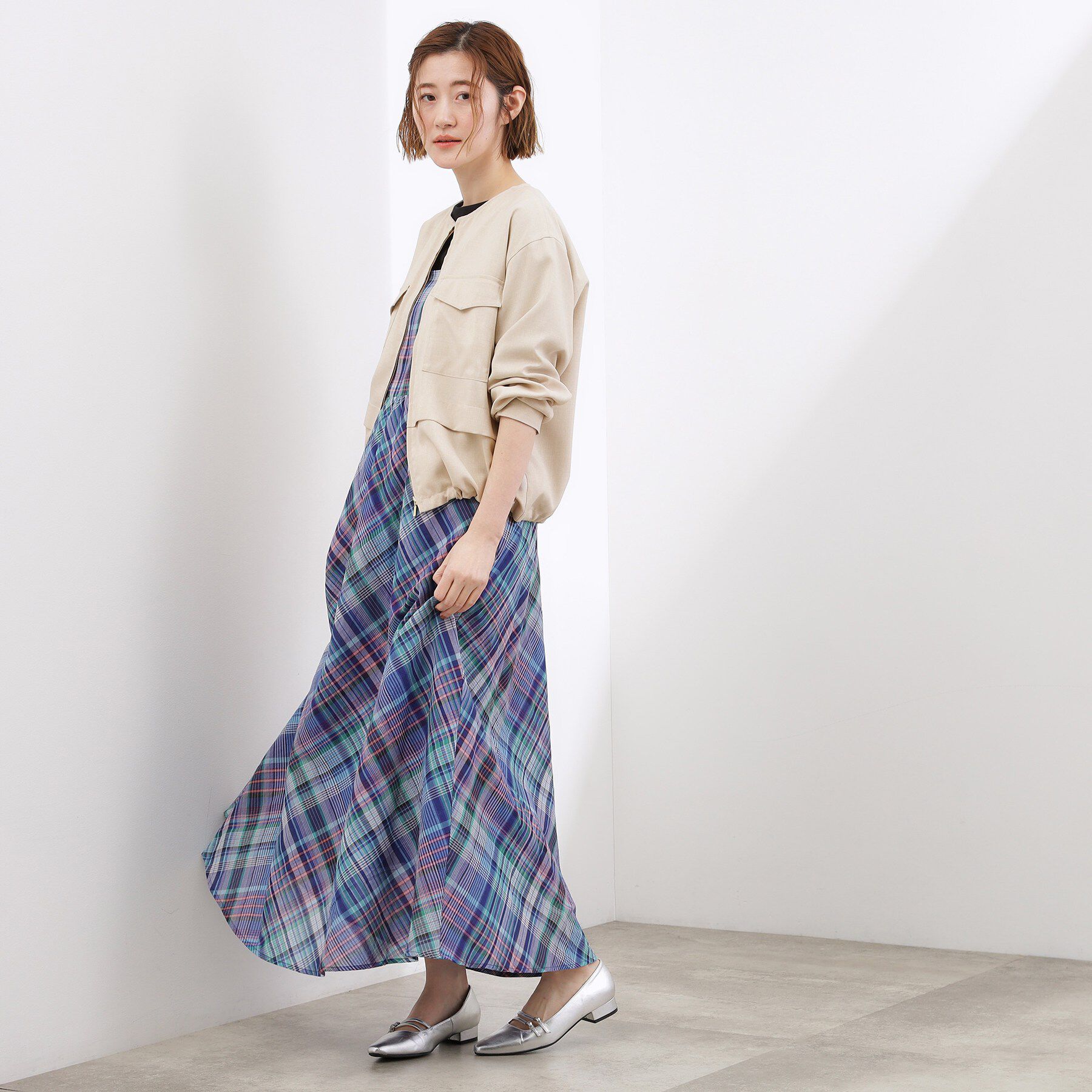 grove「【貴島明日香さん着用・洗える】麻調ノーカラーブルゾン」|ブルゾン・スタジャン|