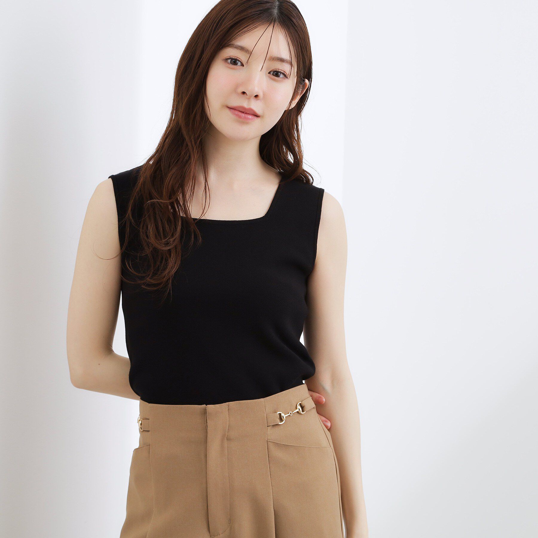 grove「2WAYスクエアニットタンク」|キャミソール|ブラック(019)
