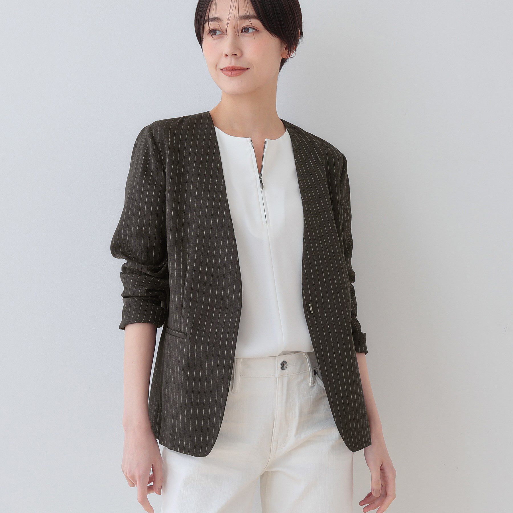 INDIVI「【こなれSETUP】リネンライクノーカラージャケット」|ノーカラージャケット|チャコールグレー(3
