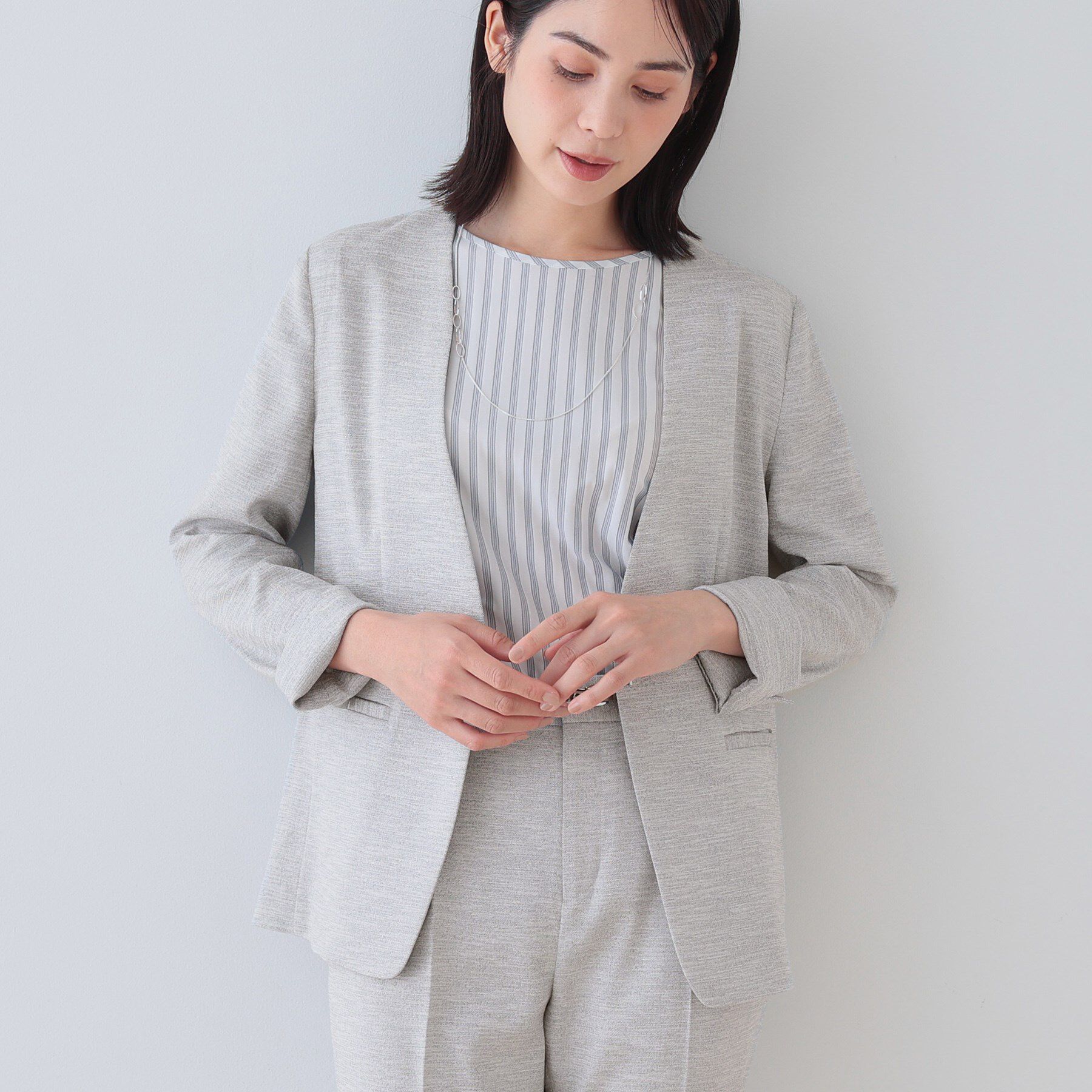 INDIVI「【こなれSETUP】リネンライクノーカラージャケット」|ノーカラージャケット|ライトグレー(411