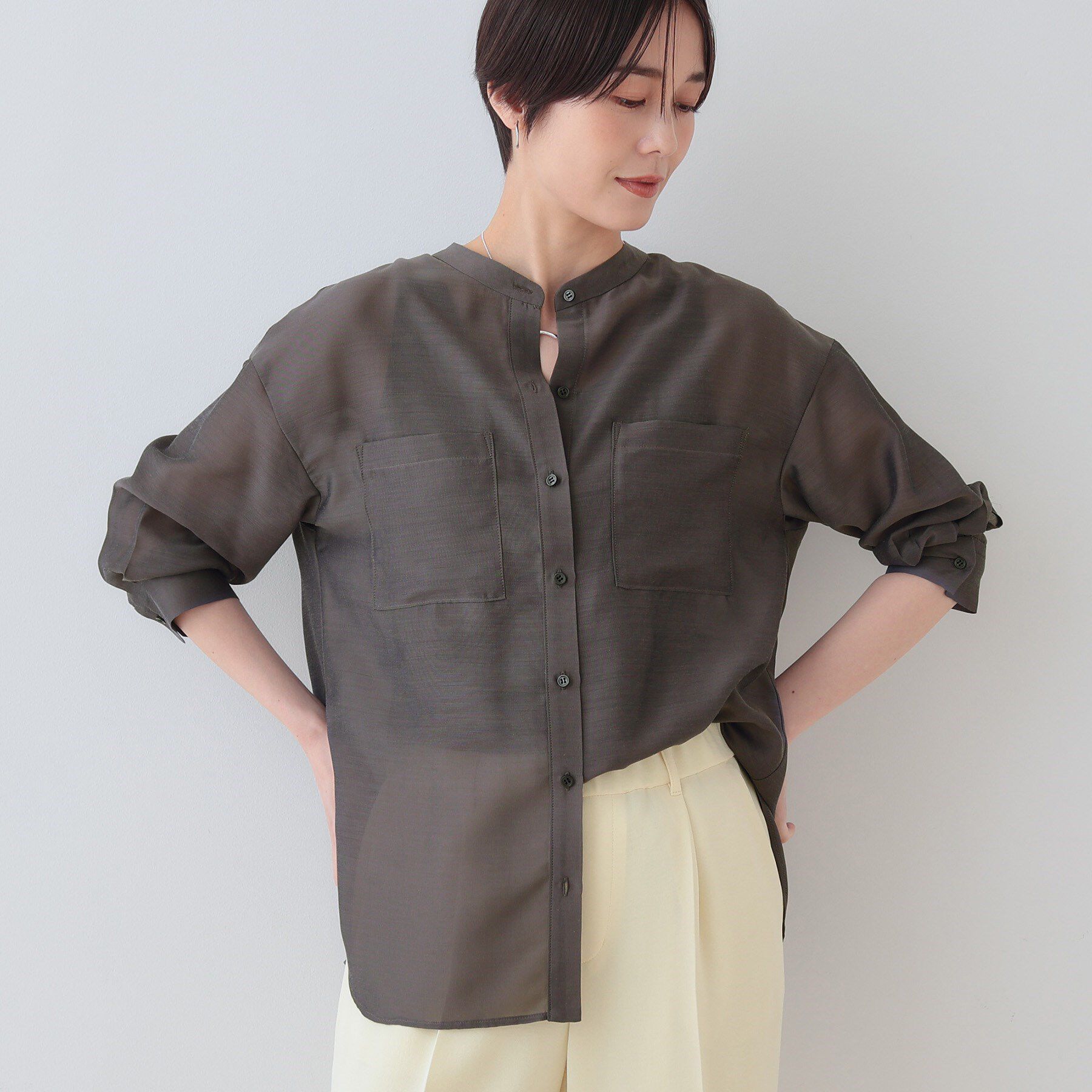 INDIVI「【洗える／エアリー素材】バンドカラーシャツ」|シャツ・ブラウス|