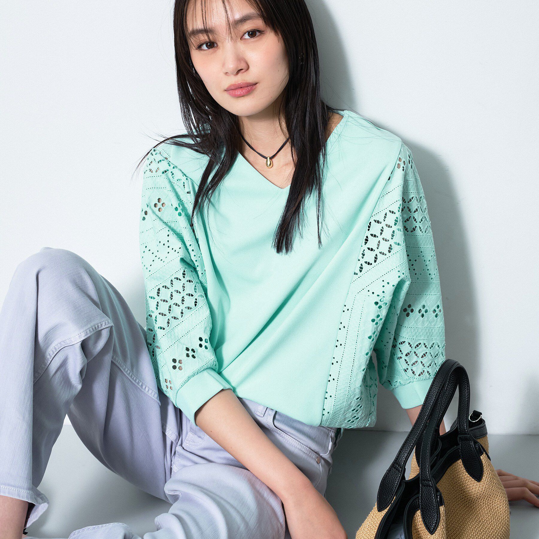 INDIVI「【洗える／体型カバー】レースコンビトップス」|Tシャツ・カットソー|ミントグリーン(02