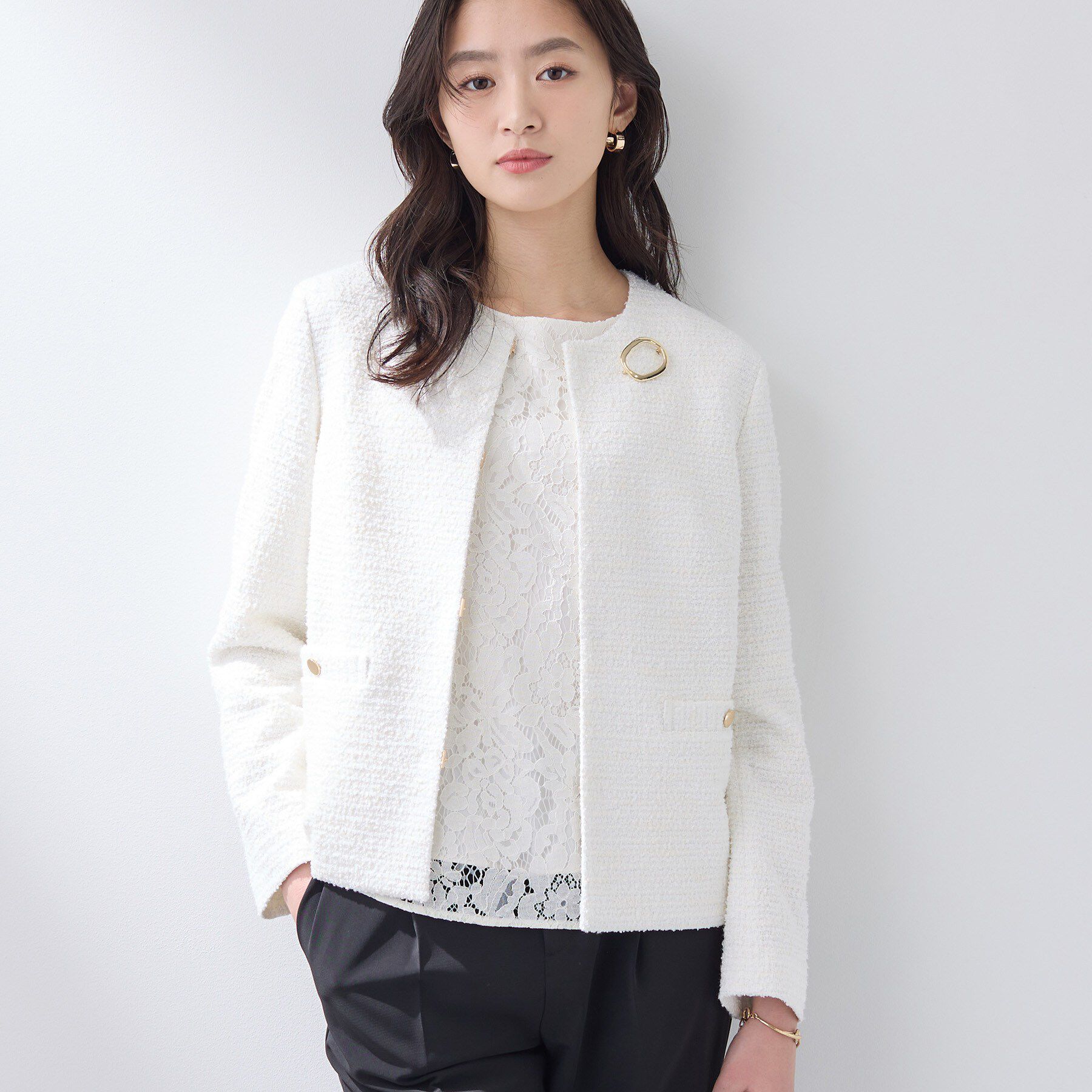 INDIVI「【セレモニー／洗える】ミックスツイードライトジャケット」|ノーカラージャケット|