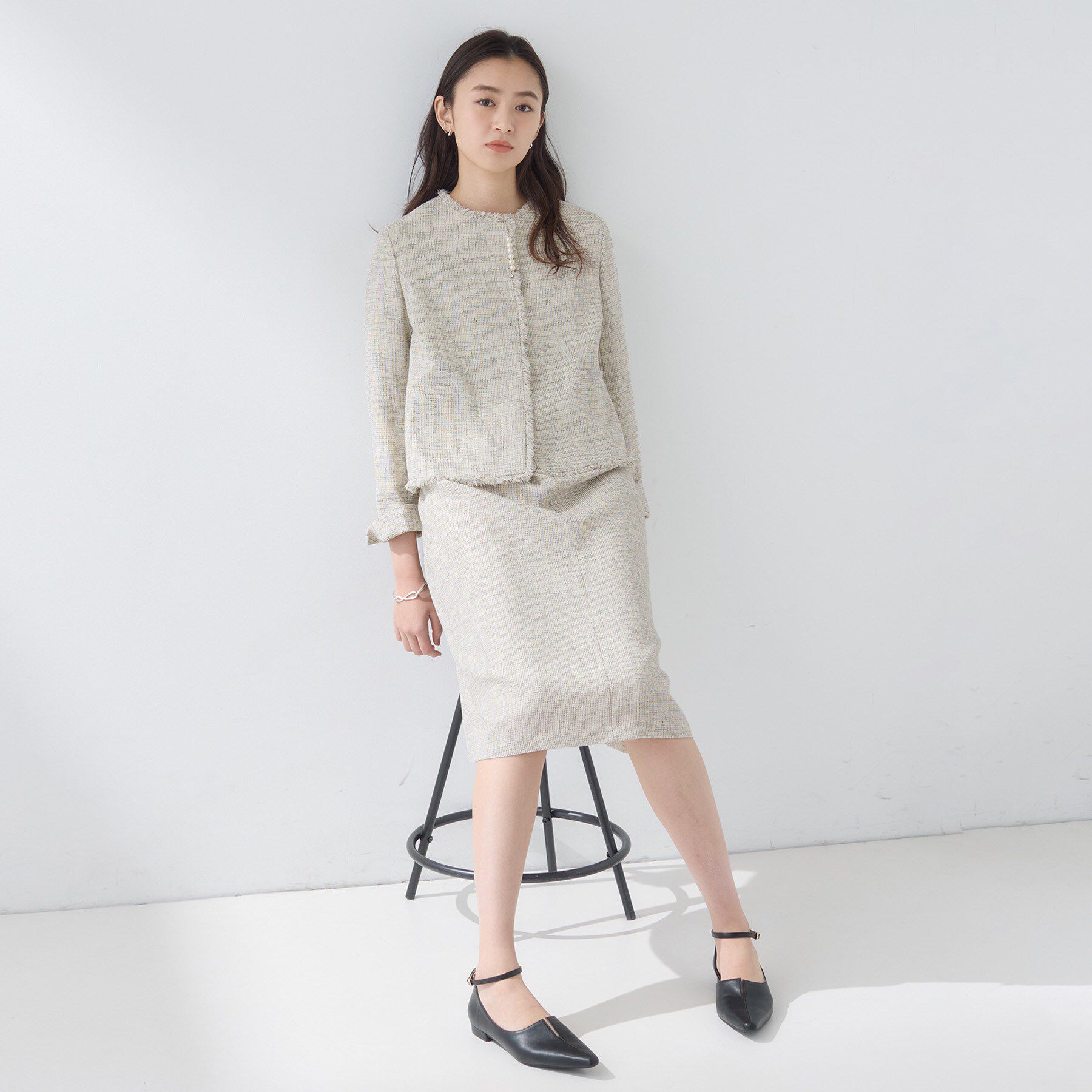 INDIVI「【軽量／SETUP可能】ストレッチツイードジャケット」|ノーカラージャケット|