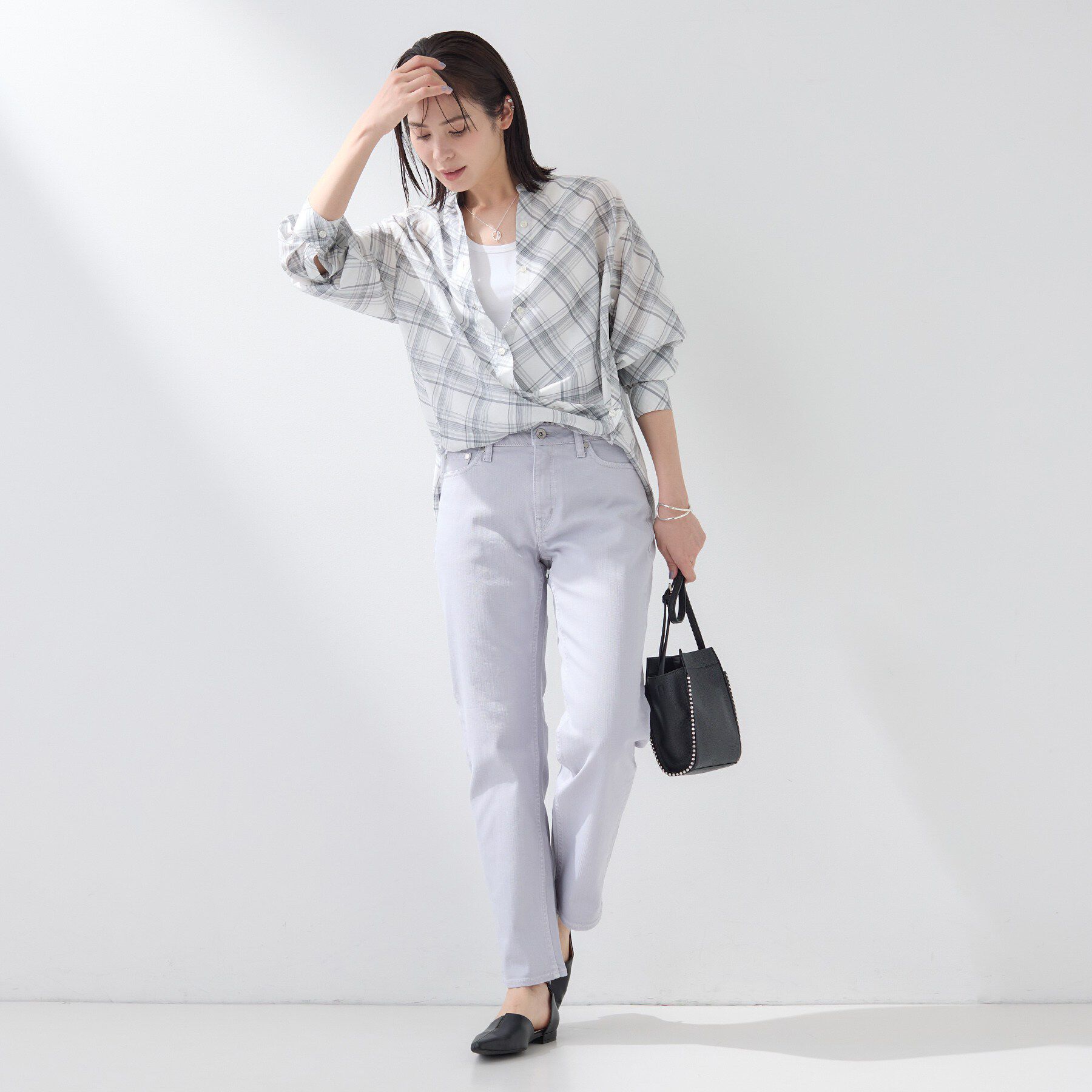 INDIVI「【2WAY／シアー】バイアスチェック柄＆無地 カシュクールシャツ」|シャツ・ブラウス|