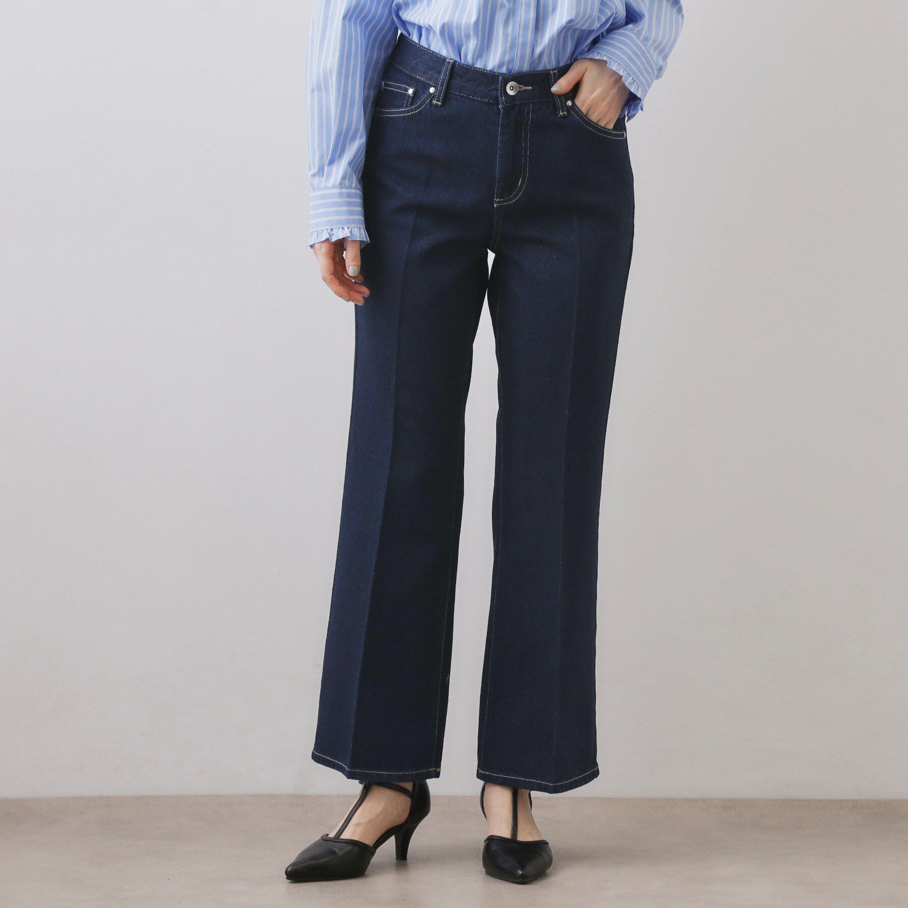 index「フレアデニムパンツ【洗濯機OK】」|デニム|ネイビー(094)