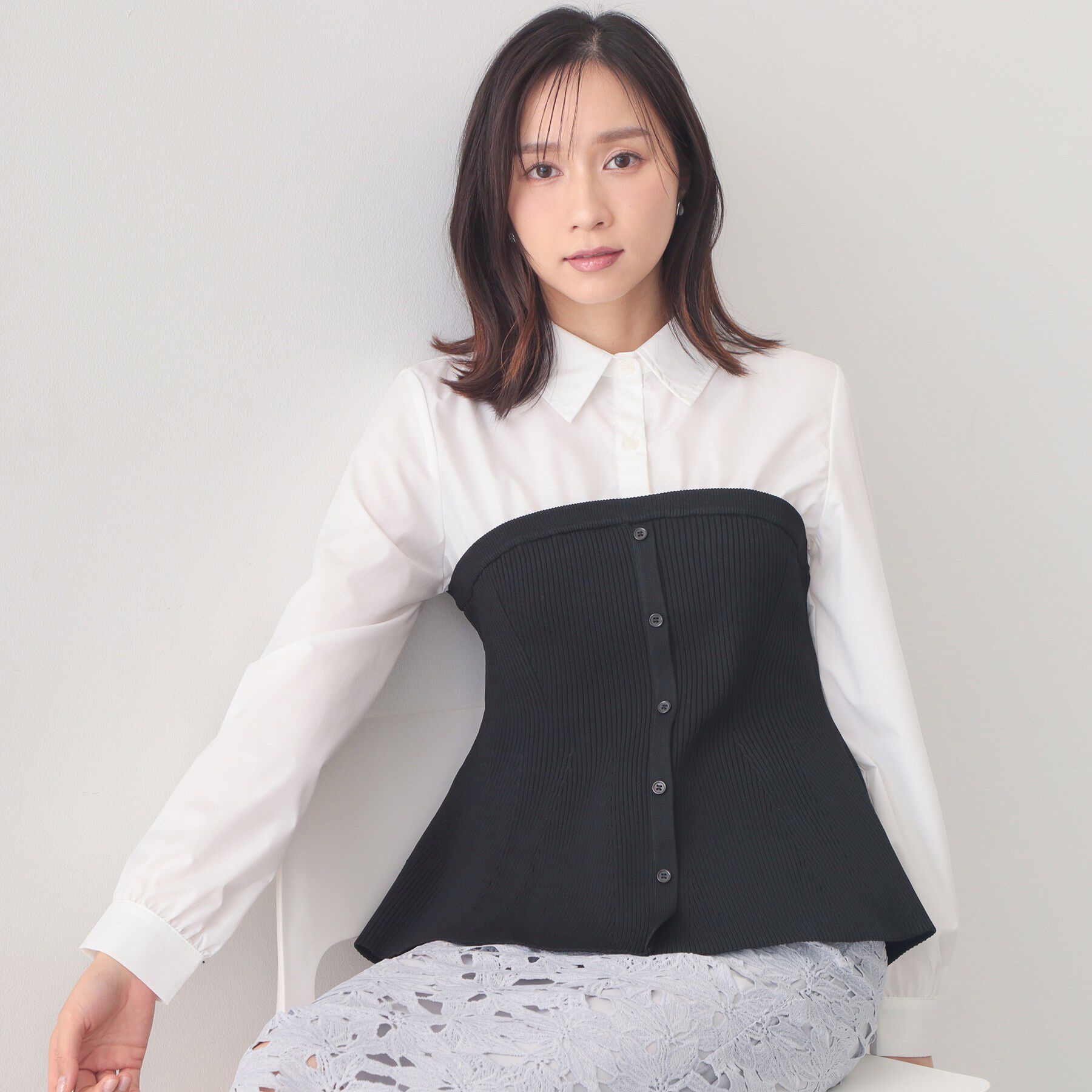 index「シャツドッキングペプラムニット【洗濯機OK】」|ニット・セーター|ブラック(819)