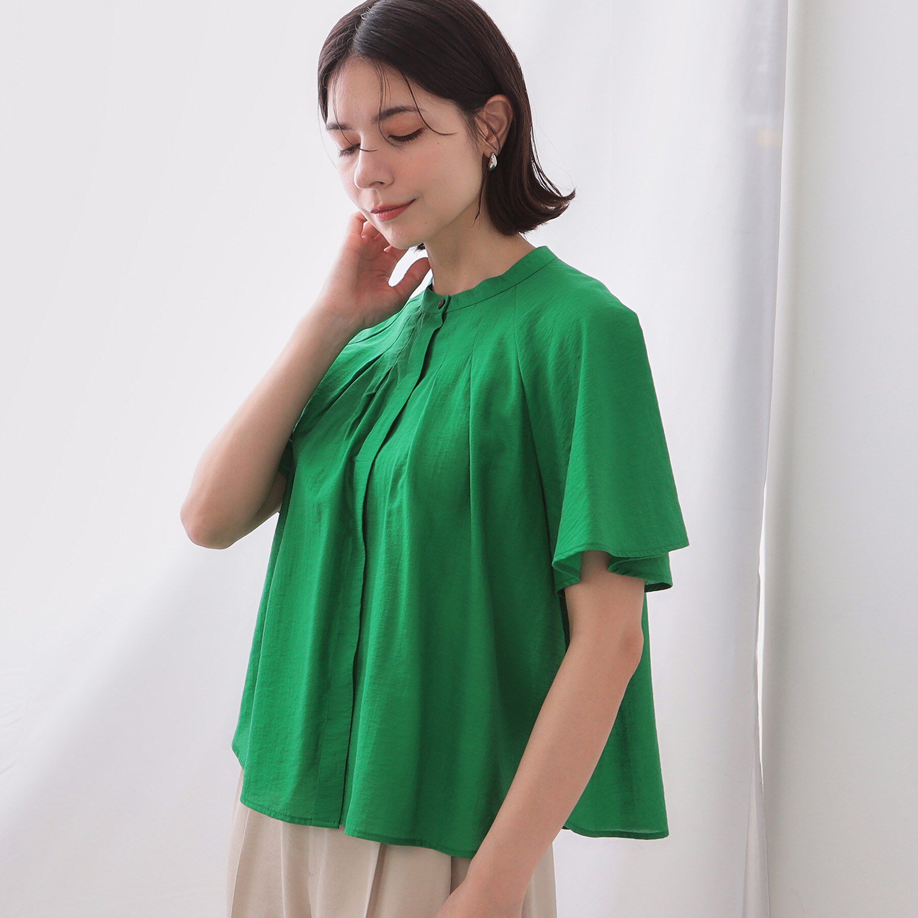 OPAQUE.CLIP「シアーフレアスリーブブラウス【洗濯機洗い可】」|シャツ・ブラウス|グリーン(022)