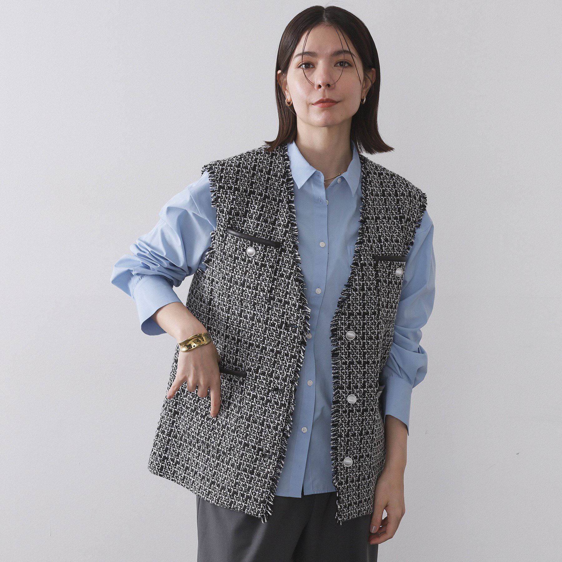 OPAQUE.CLIP「ツイードVネックベスト【洗濯機OK】」|ベスト・ジレ|ブラック(419)