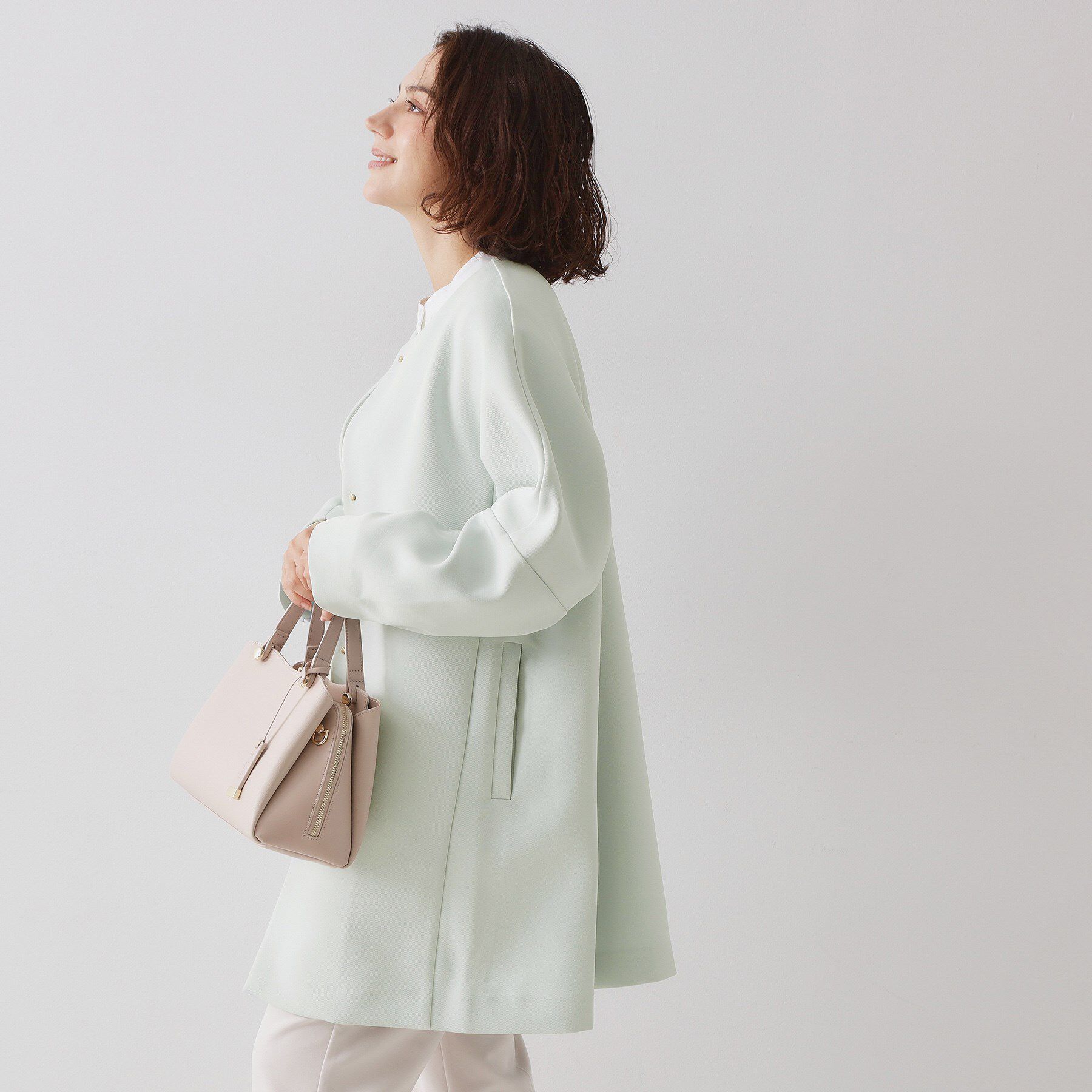 OPAQUE.CLIP「フォルムスリーブミドルコート【洗濯機OK】」|ノーカラーコート|