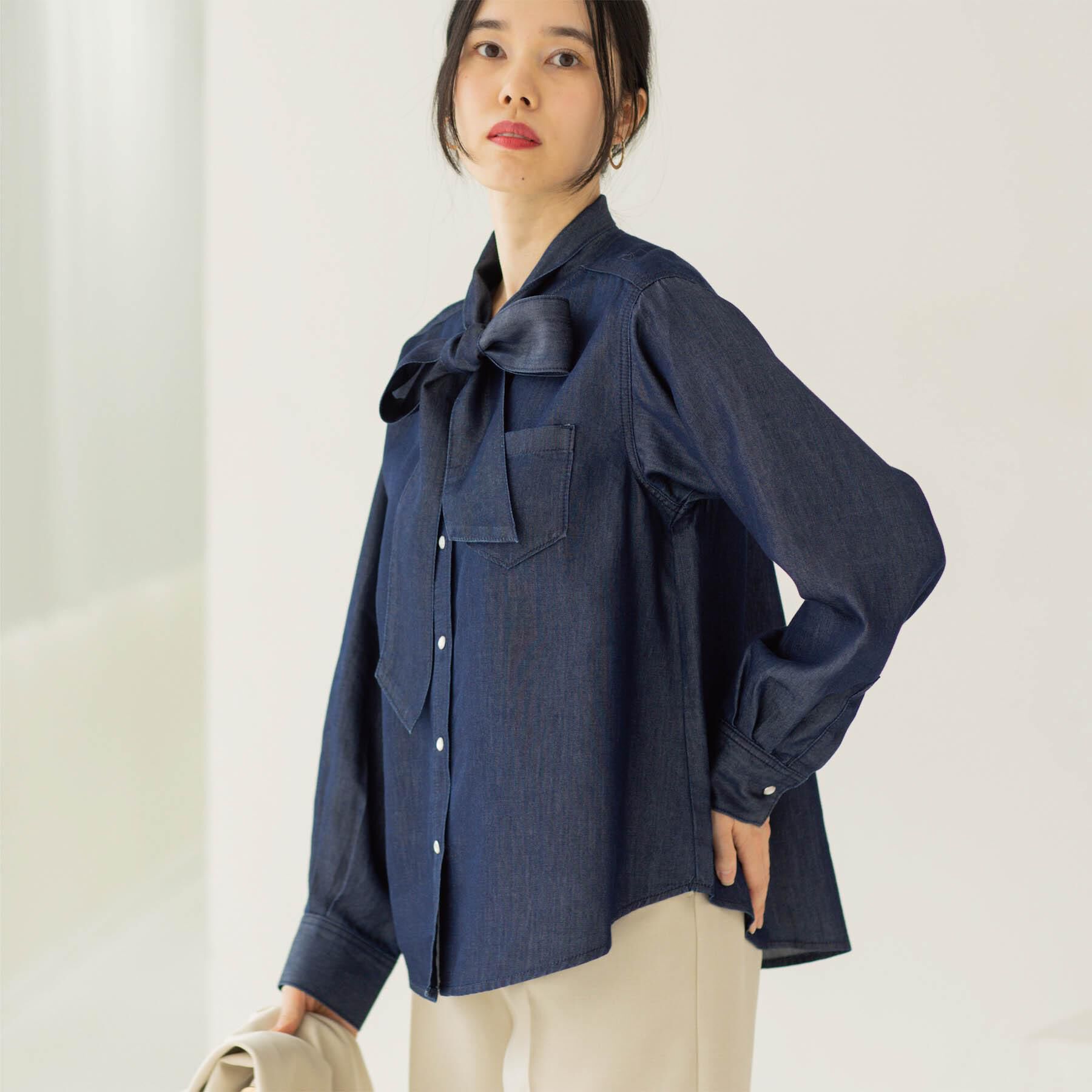 OPAQUE.CLIP「セルロース混デニムボウタイブラウス【洗濯機OK】」|シャツ・ブラウス|