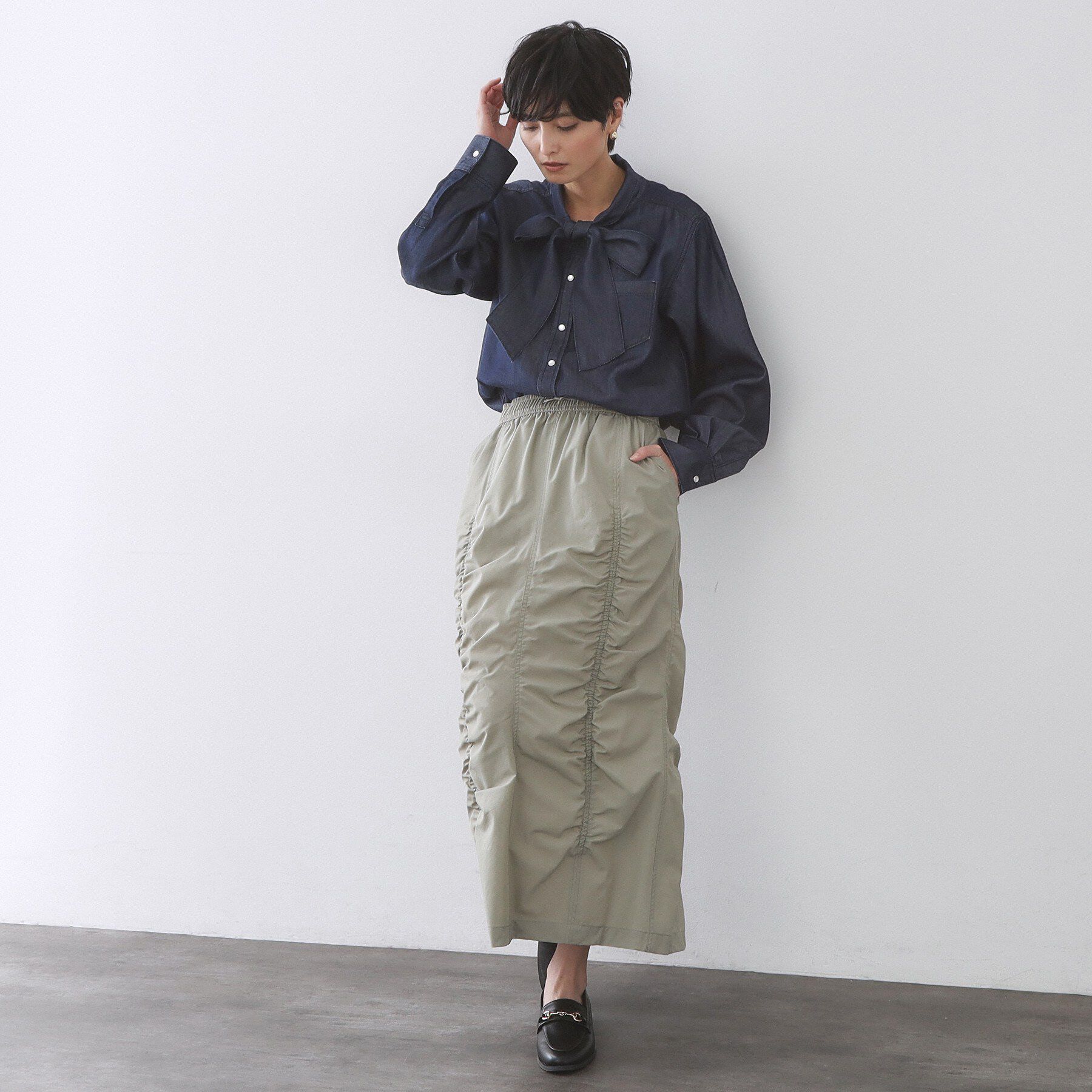 OPAQUE.CLIP「セルロース混デニムボウタイブラウス【洗濯機OK】」|シャツ・ブラウス|