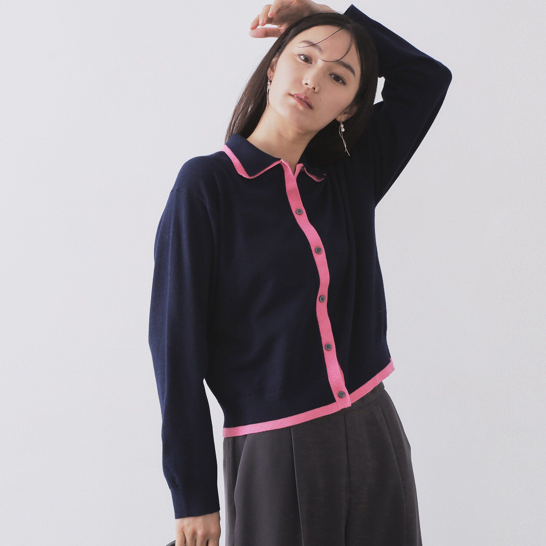 OPAQUE.CLIP「ダブルカラーポロ衿配色ニット【洗濯機OK】」|ニット・セーター|