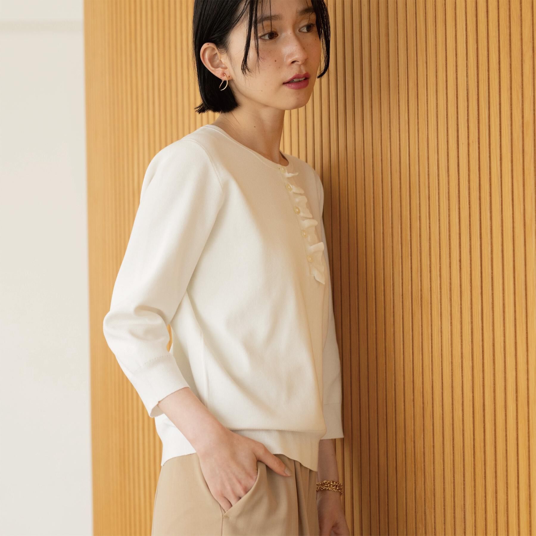 OPAQUE.CLIP「フリルヘンリーネックニット【洗濯機OK/抗ピル】」|ニット・セーター|