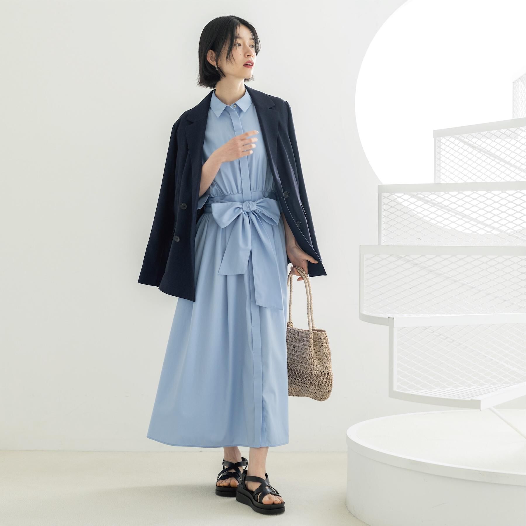 OPAQUE.CLIP「サッシュリボンベルト付きフレアシャツワンピース【洗濯機OK/防シワ加工】」|ワンピース|