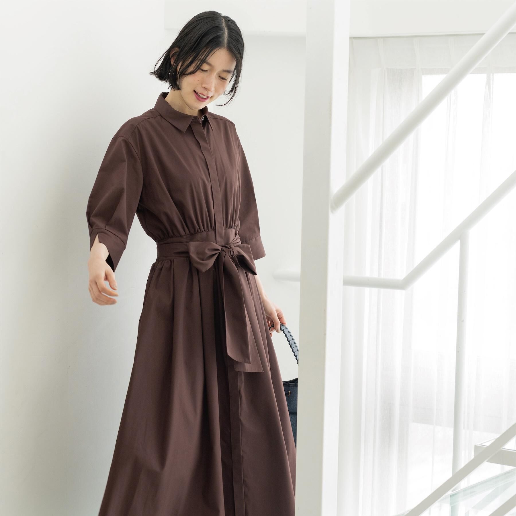 OPAQUE.CLIP「サッシュリボンベルト付きフレアシャツワンピース【洗濯機OK/防シワ加工】」|ワンピース|