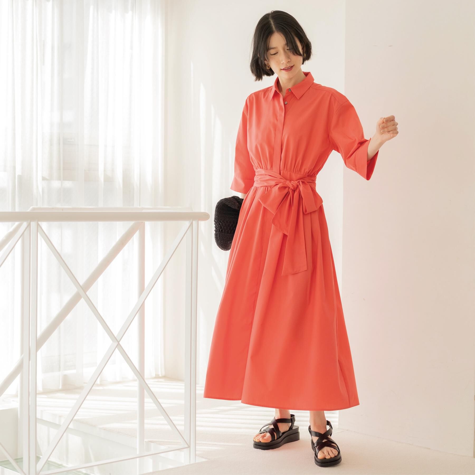 OPAQUE.CLIP「サッシュリボンベルト付きフレアシャツワンピース【洗濯機OK/防シワ加工】」|ワンピース|