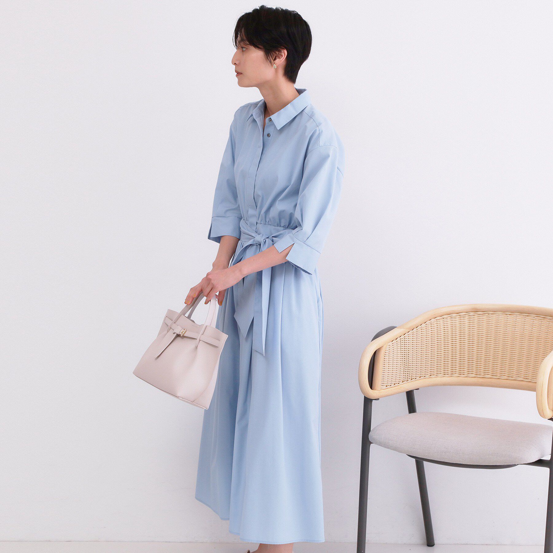 OPAQUE.CLIP「サッシュリボンベルト付きフレアシャツワンピース【洗濯機OK/防シワ加工】」|ワンピース|