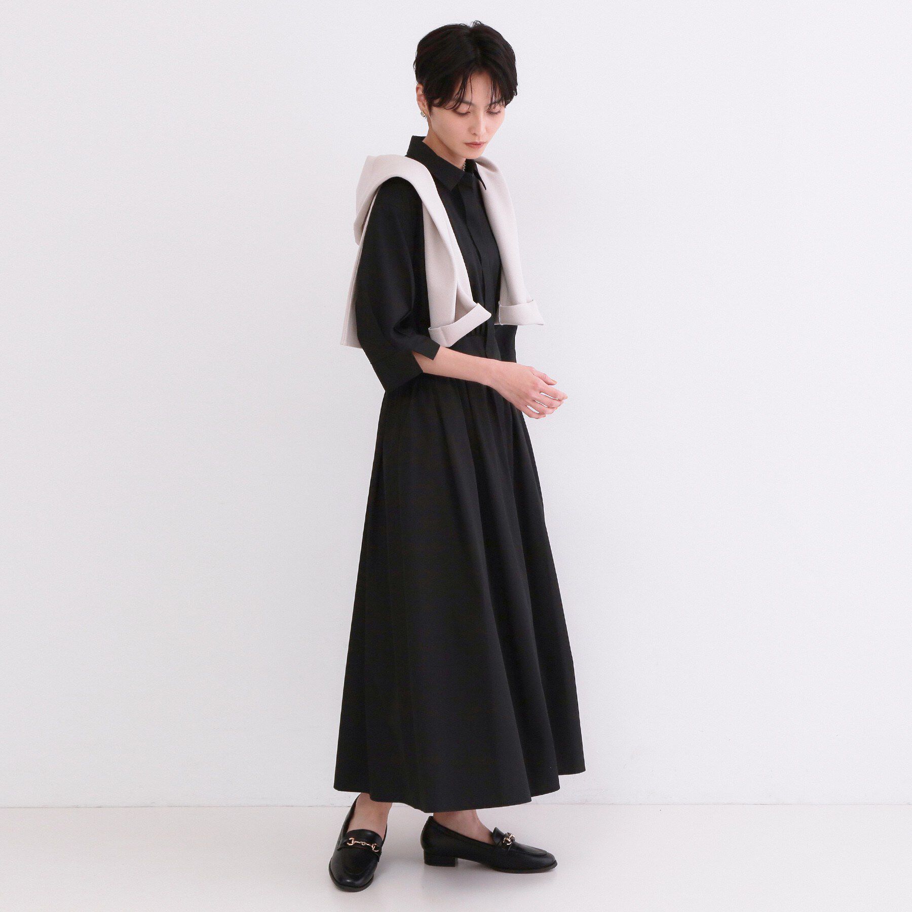 OPAQUE.CLIP「サッシュリボンベルト付きフレアシャツワンピース【洗濯機OK/防シワ加工】」|ワンピース|