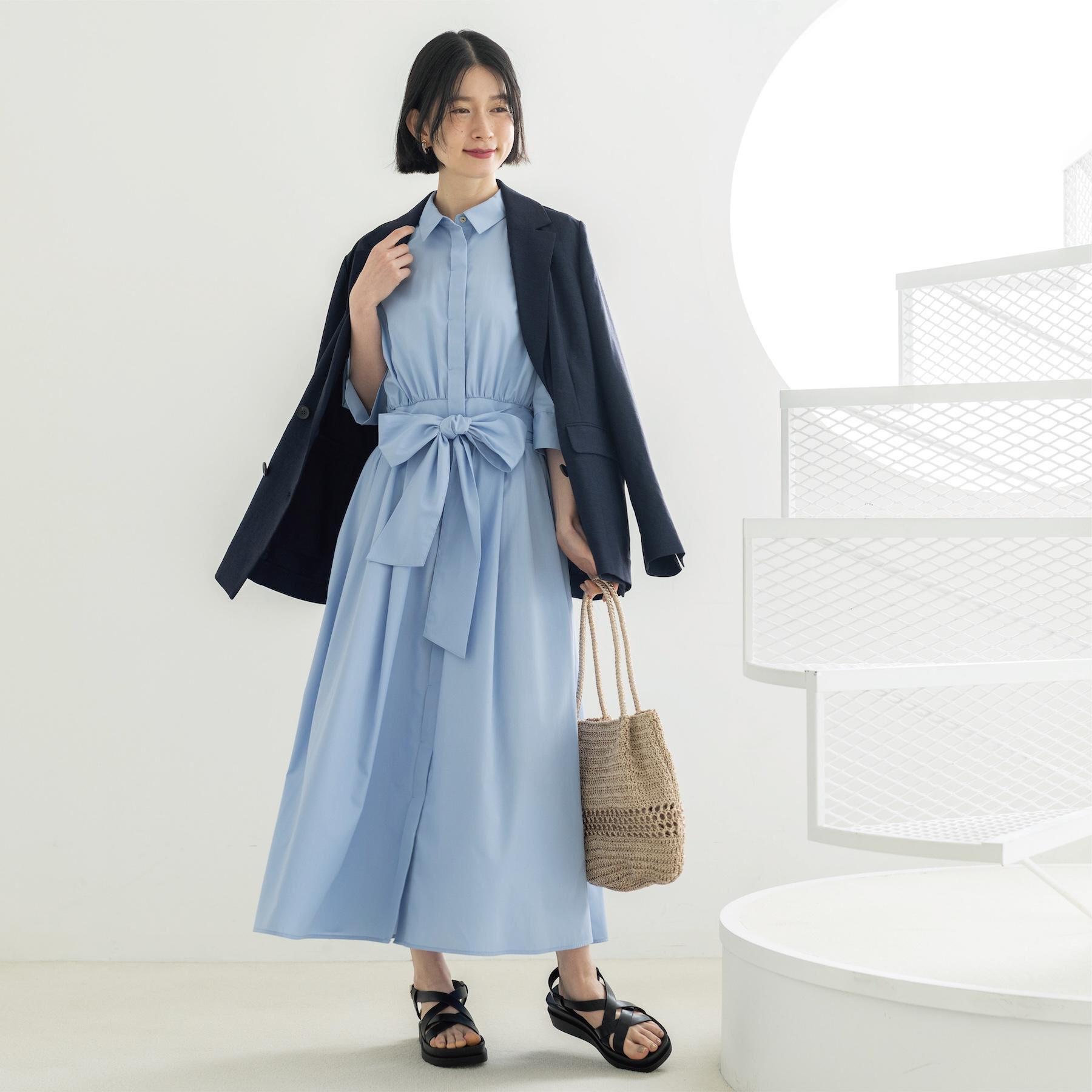 OPAQUE.CLIP「サッシュリボンベルト付きフレアシャツワンピース【洗濯機OK/防シワ加工】」|ワンピース|