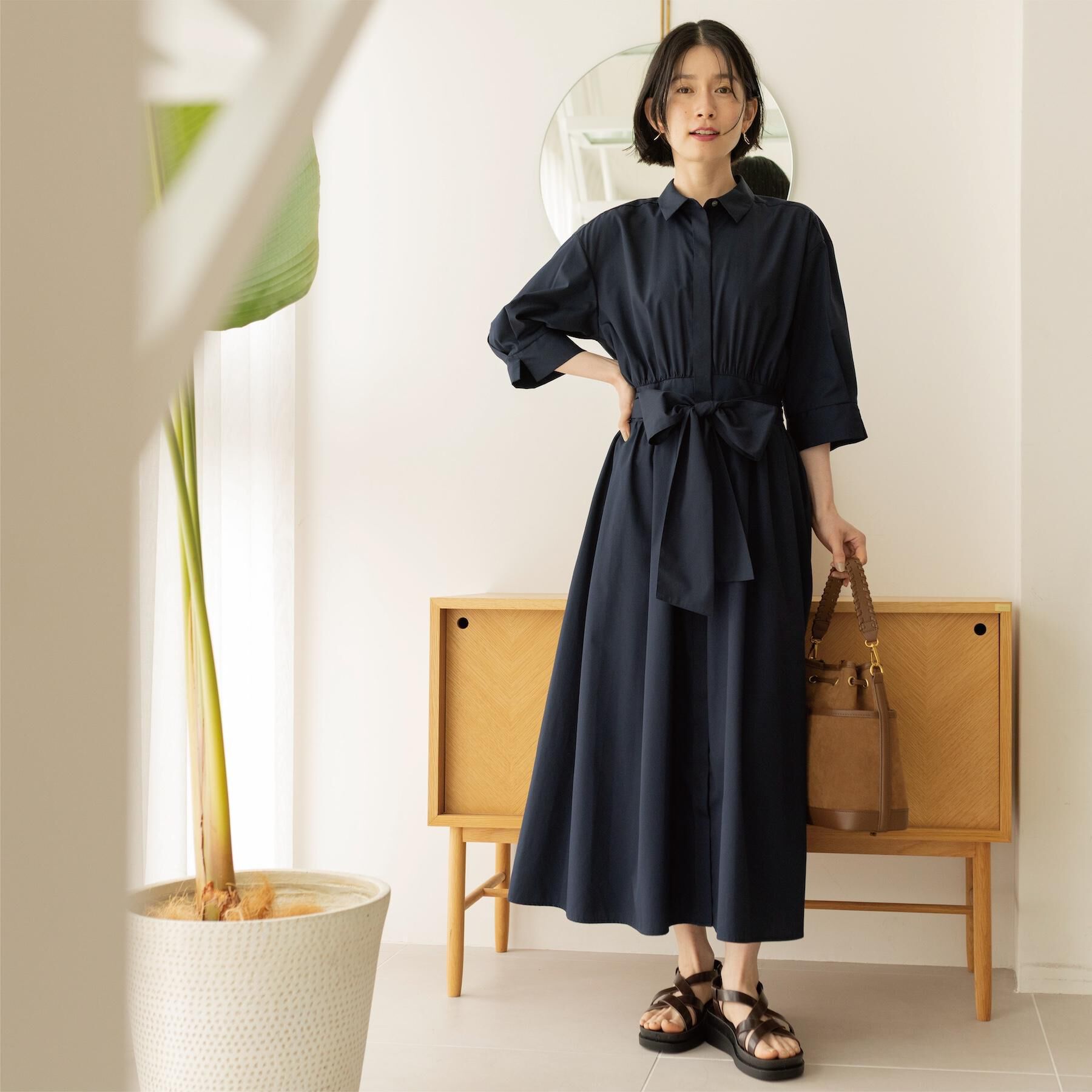 OPAQUE.CLIP「サッシュリボンベルト付きフレアシャツワンピース【洗濯機OK/防シワ加工】」|ワンピース|ネイビー(094)