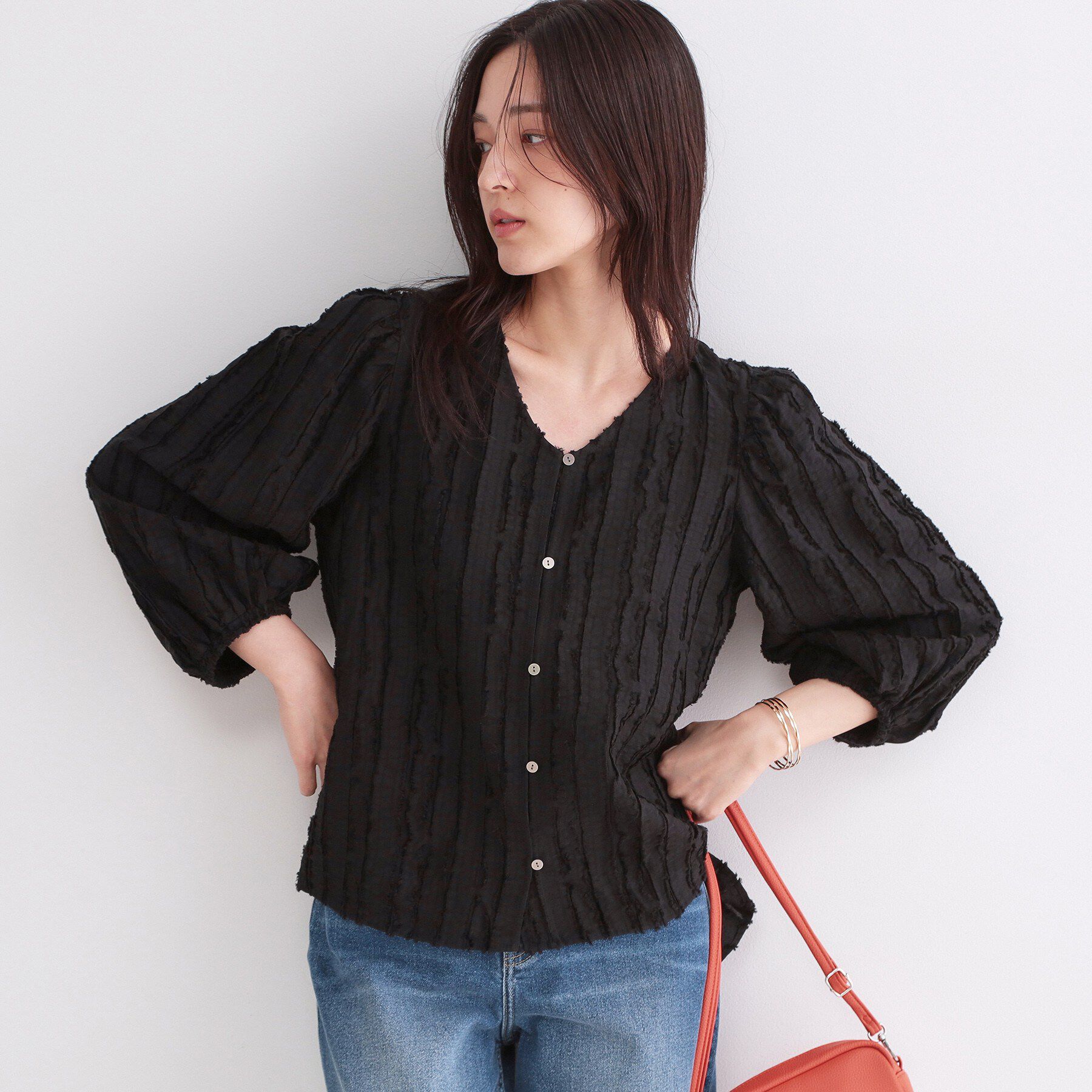 OPAQUE.CLIP「フリンジジャカードブラウス【洗濯機OK】」|シャツ・ブラウス|ブラック(019)