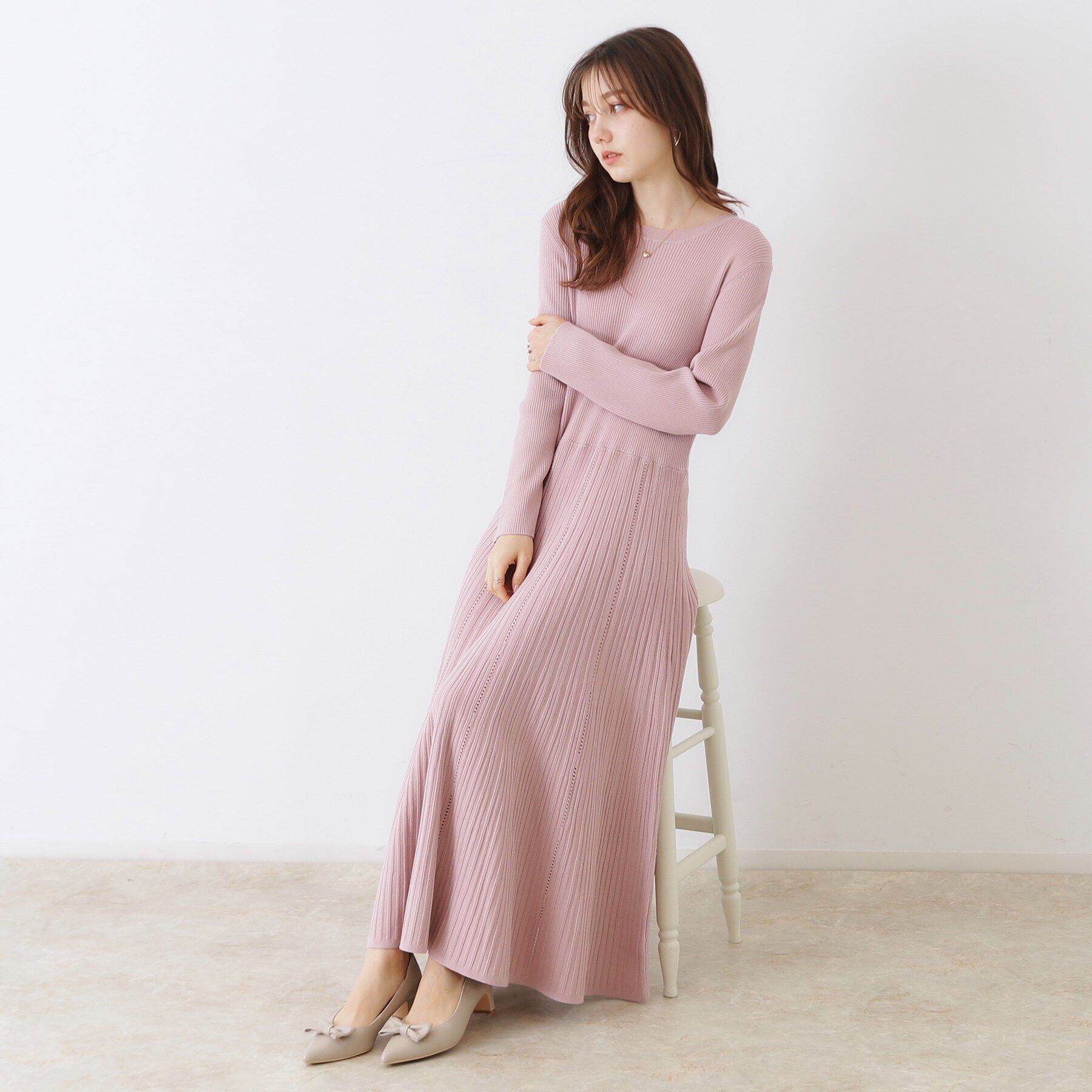 Couture broach「【上品な落ち感・美シルエット】アイレットリブデザインニットワンピース」|ワンピース|