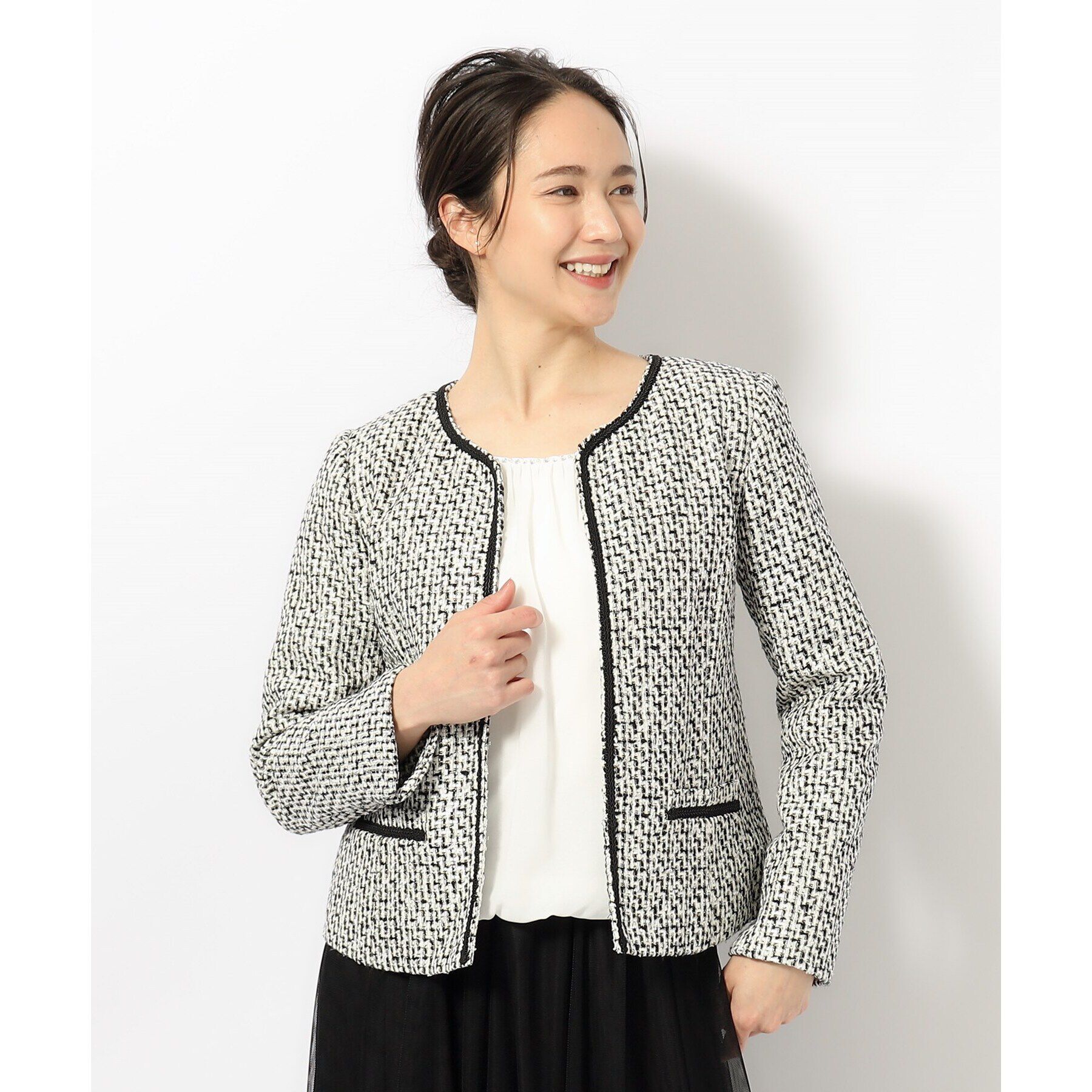 SHOO･LA･RUE「【S-5L】ネオリッチツイードジャケット」|ノーカラージャケット|ブラック(419)