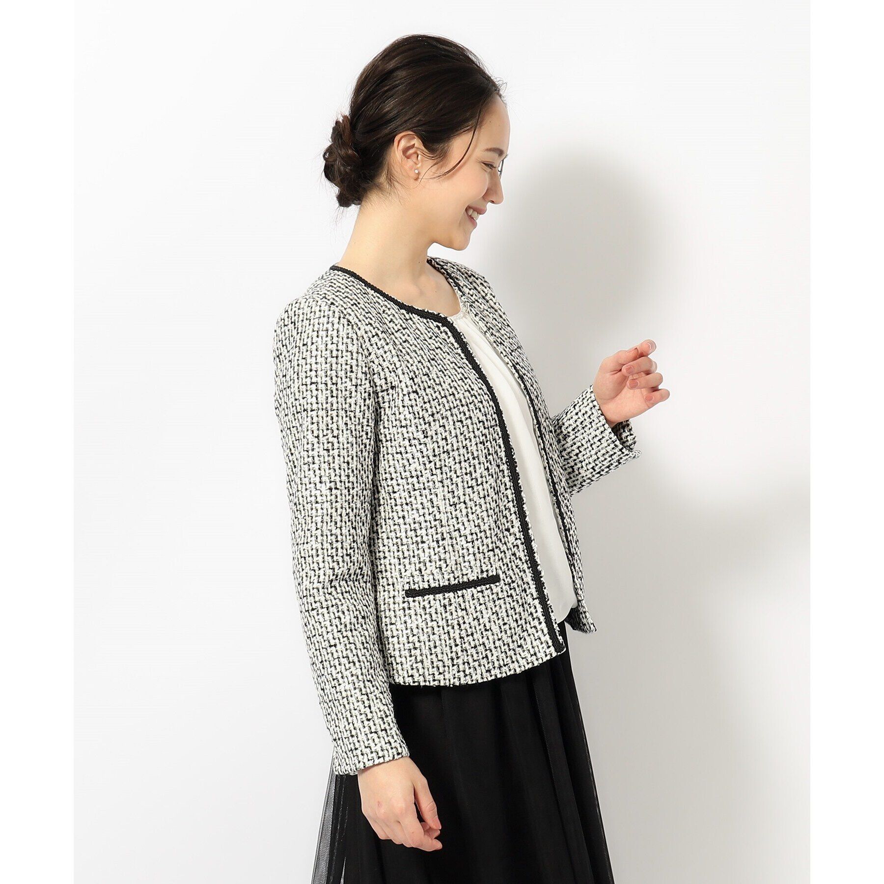 SHOO･LA･RUE「【S-5L】ネオリッチツイードジャケット」|ノーカラージャケット|