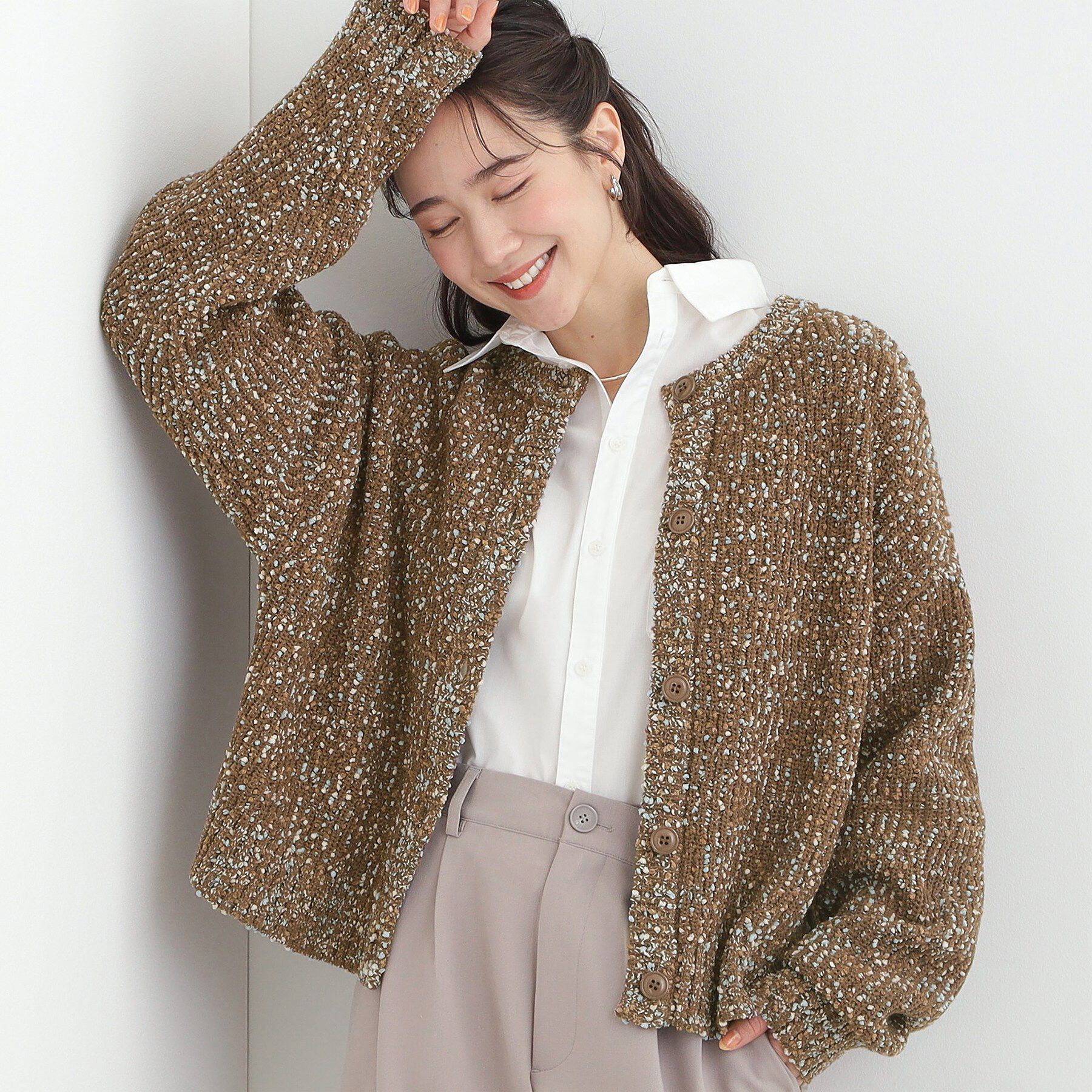 SHOO･LA･RUE「【洗濯機可/前後2WAY】ぽこぽこニットカーディガン」|カーディガン|ブラウン(043)