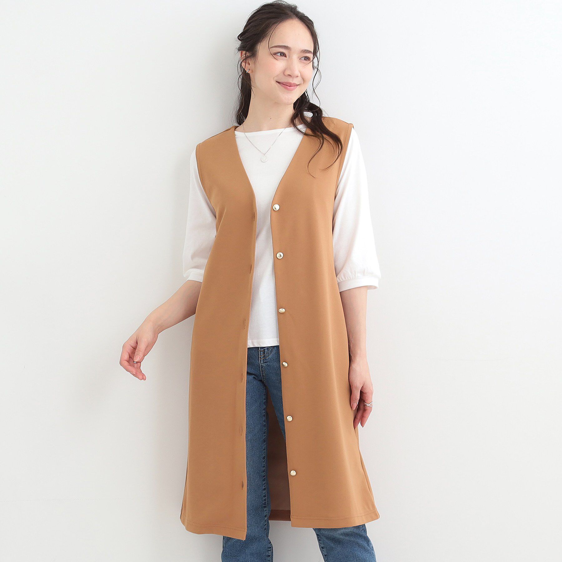 SHOO･LA･RUE「【2点セット/洗濯機可/S-LL】ジレにもなるジャンスカ+5分袖Tシャツ」|ワンピース|