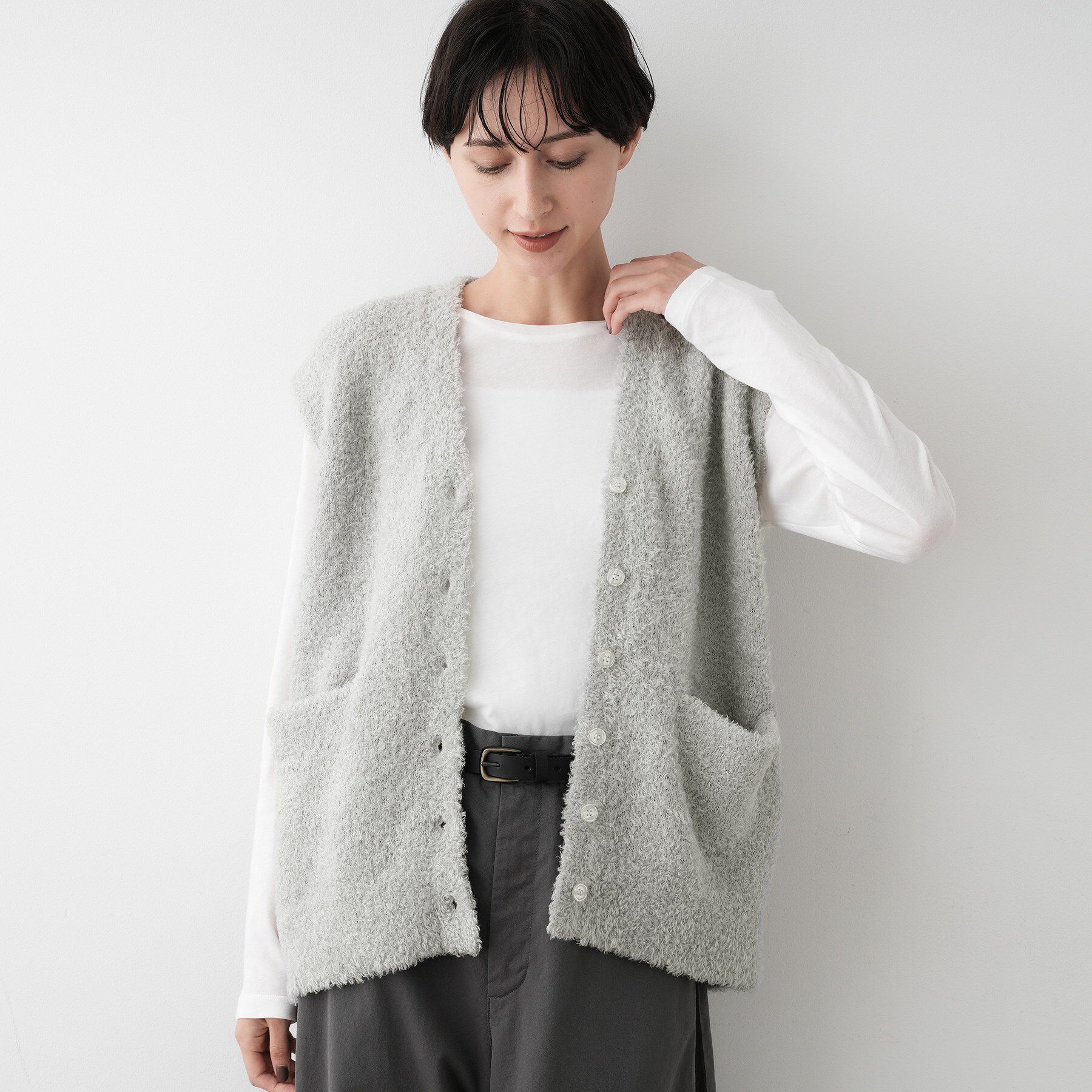 Dessin「【洗える】Vネックシャギーベスト」|ベスト・ジレ|ライトグレー(011