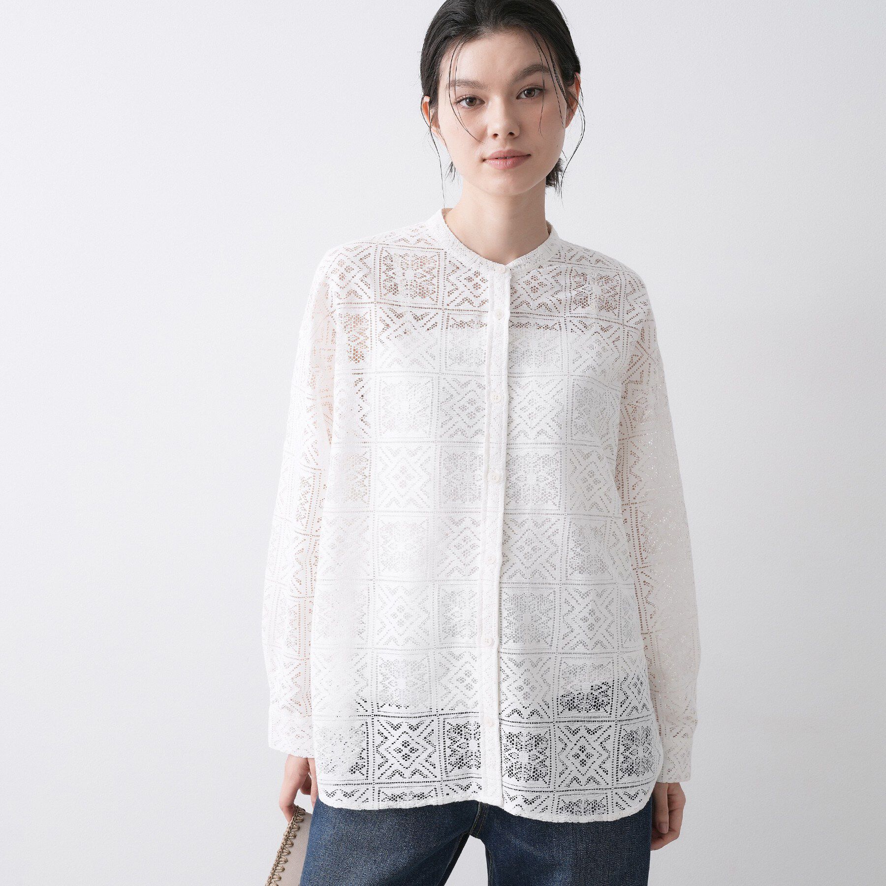 Dessin「【洗える】スクエアレースノーカラーシャツ」|シャツ・ブラウス|