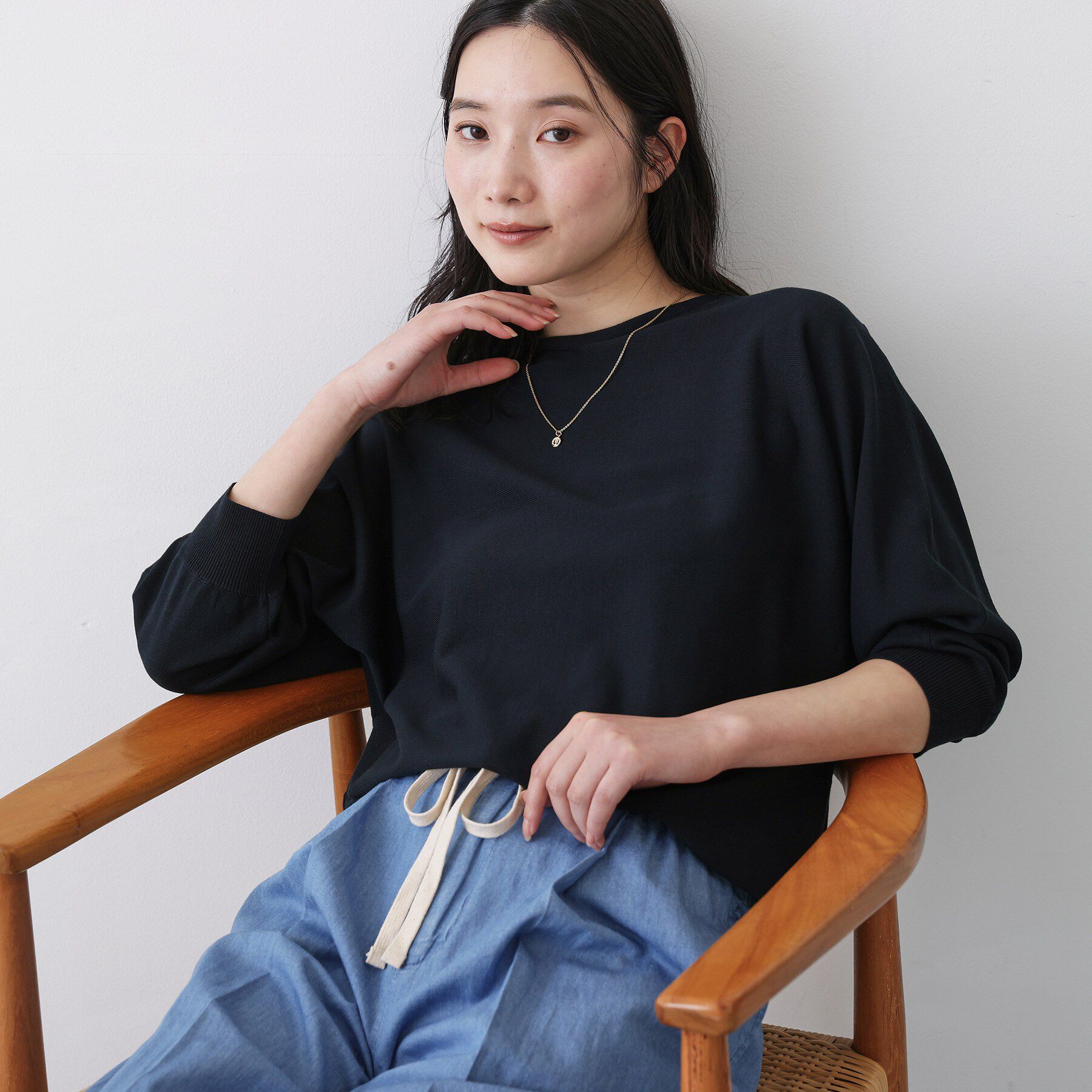 Dessin「【洗える】後ろボタンニットプルオーバー七分袖」|ニット・セーター|ネイビー(094)