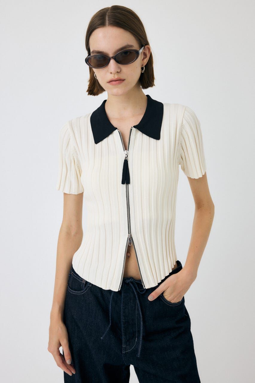 MOUSSY「ZIP UP RIB KNIT H/S シャツ」|シャツ・ブラウス|O/WHT1